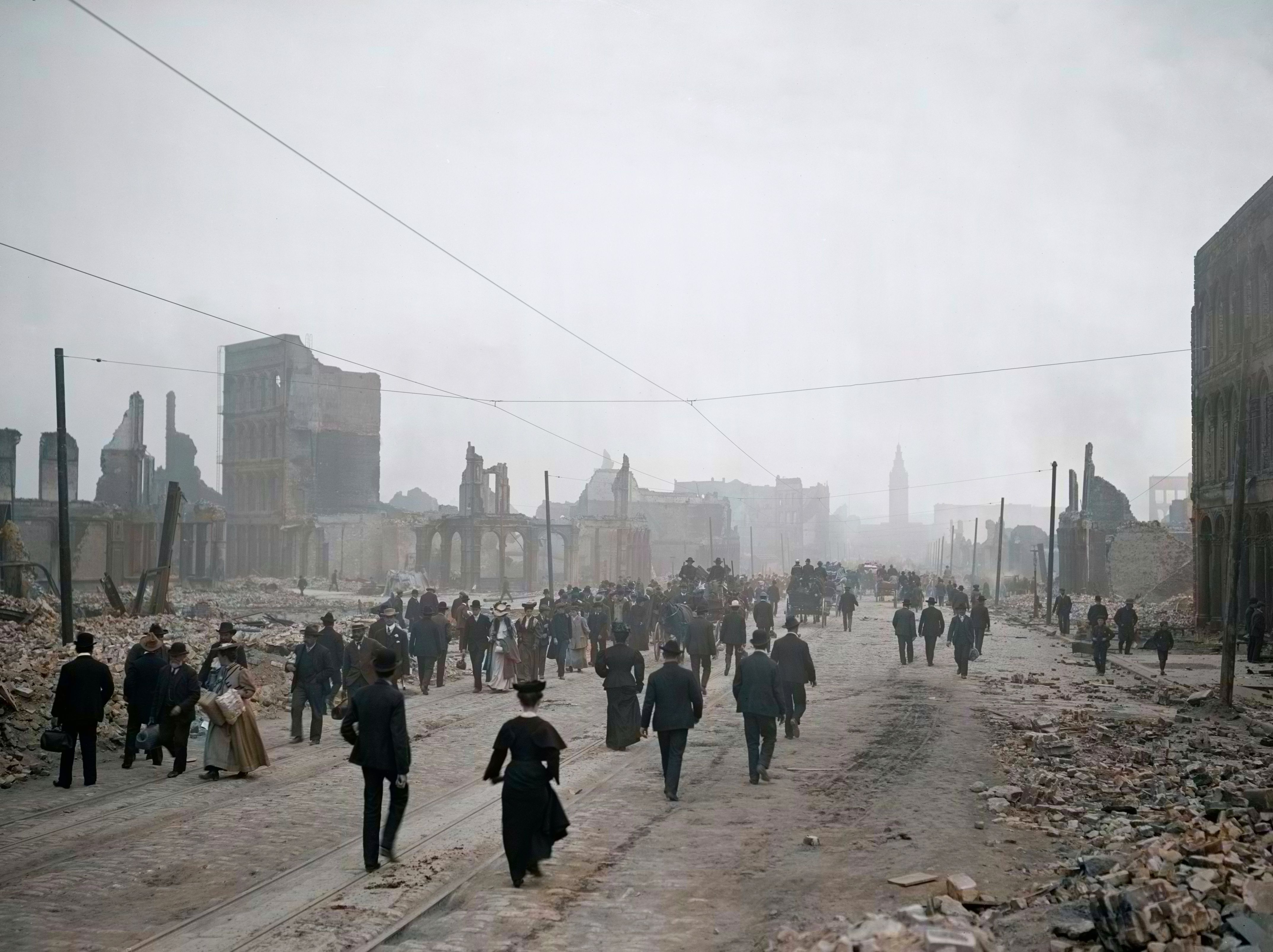 A colorized black-and-white photo of Market Street toward the Ferry Building after the fires subsided. Photo: Heritage Art/Heritage Images via Getty Images
