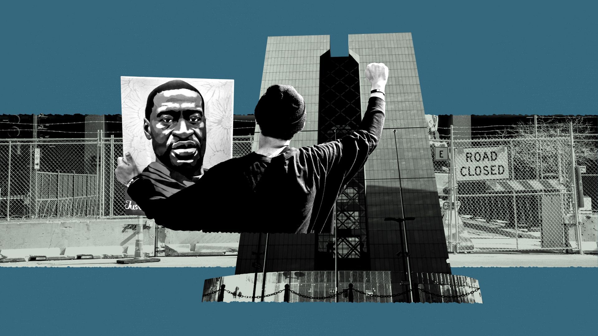 Photo illustration of a collage of the Hennepin County Government Center, and a protester holding a portrait of George Floyd.