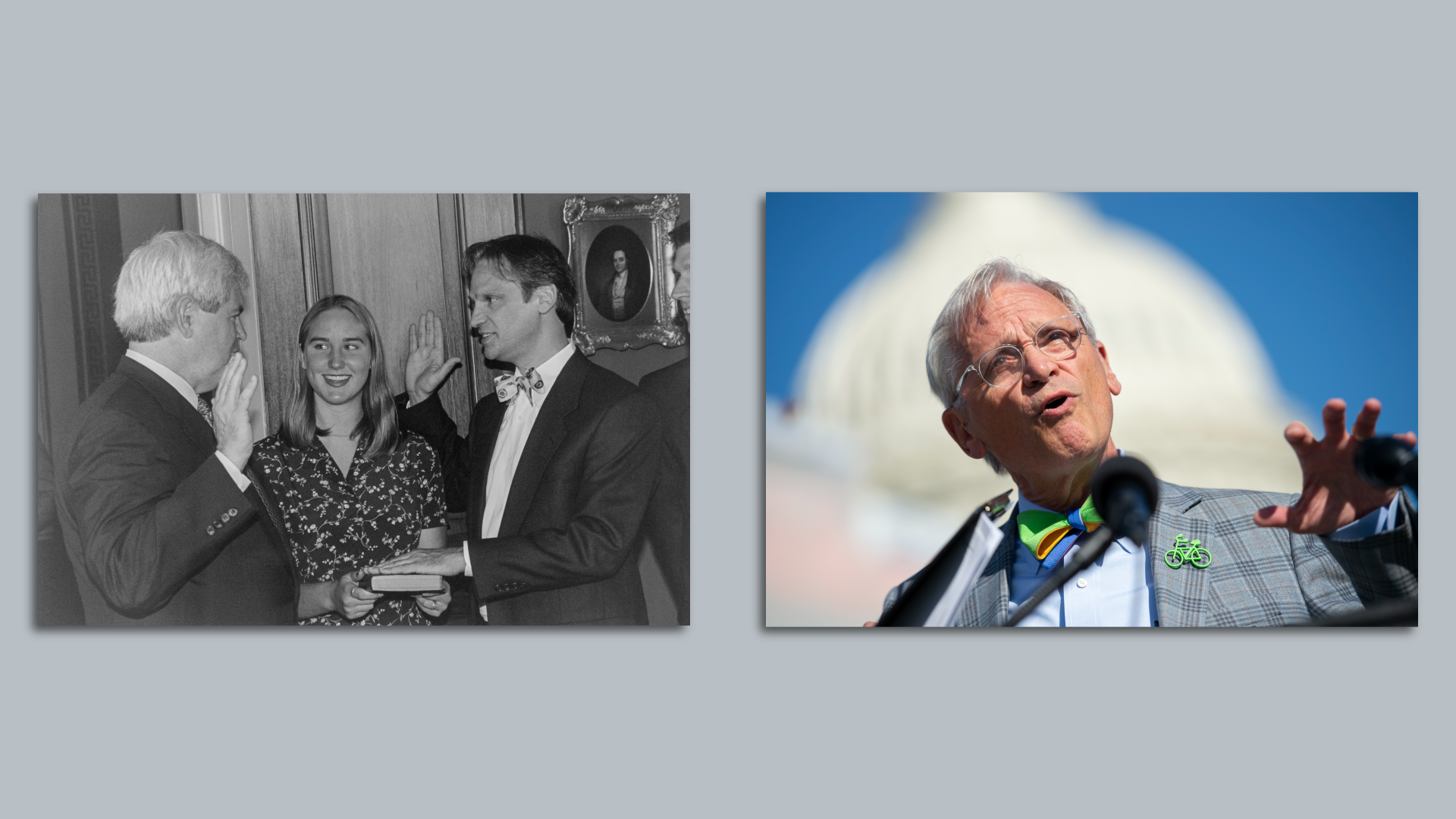 A black and white photo with a young man in a suit and his hand on the bible, and the same man, older with grey hair, speaking at a microphone in front of the U.S. Capitol.
