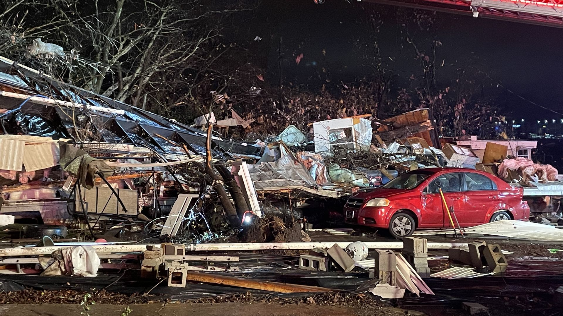 Damage and debris following a tornado.
