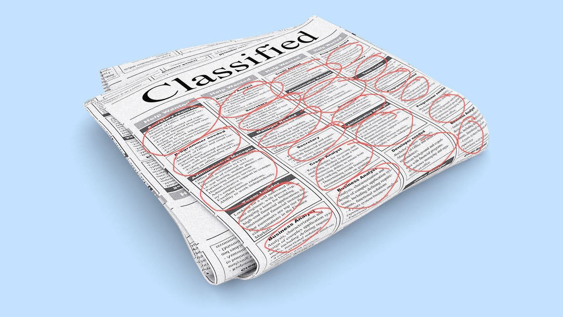 Illustration of the classified section of the newspaper with every posting circled in red.