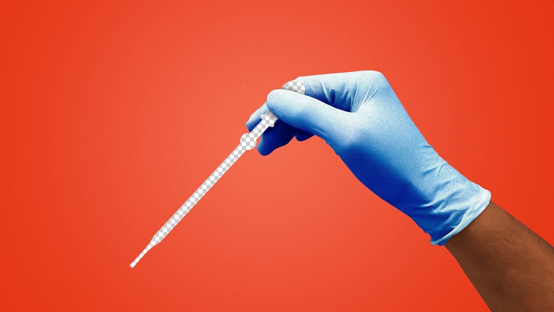 Illustration of hand with a surgical glove holding the shape of where a pipette would be.