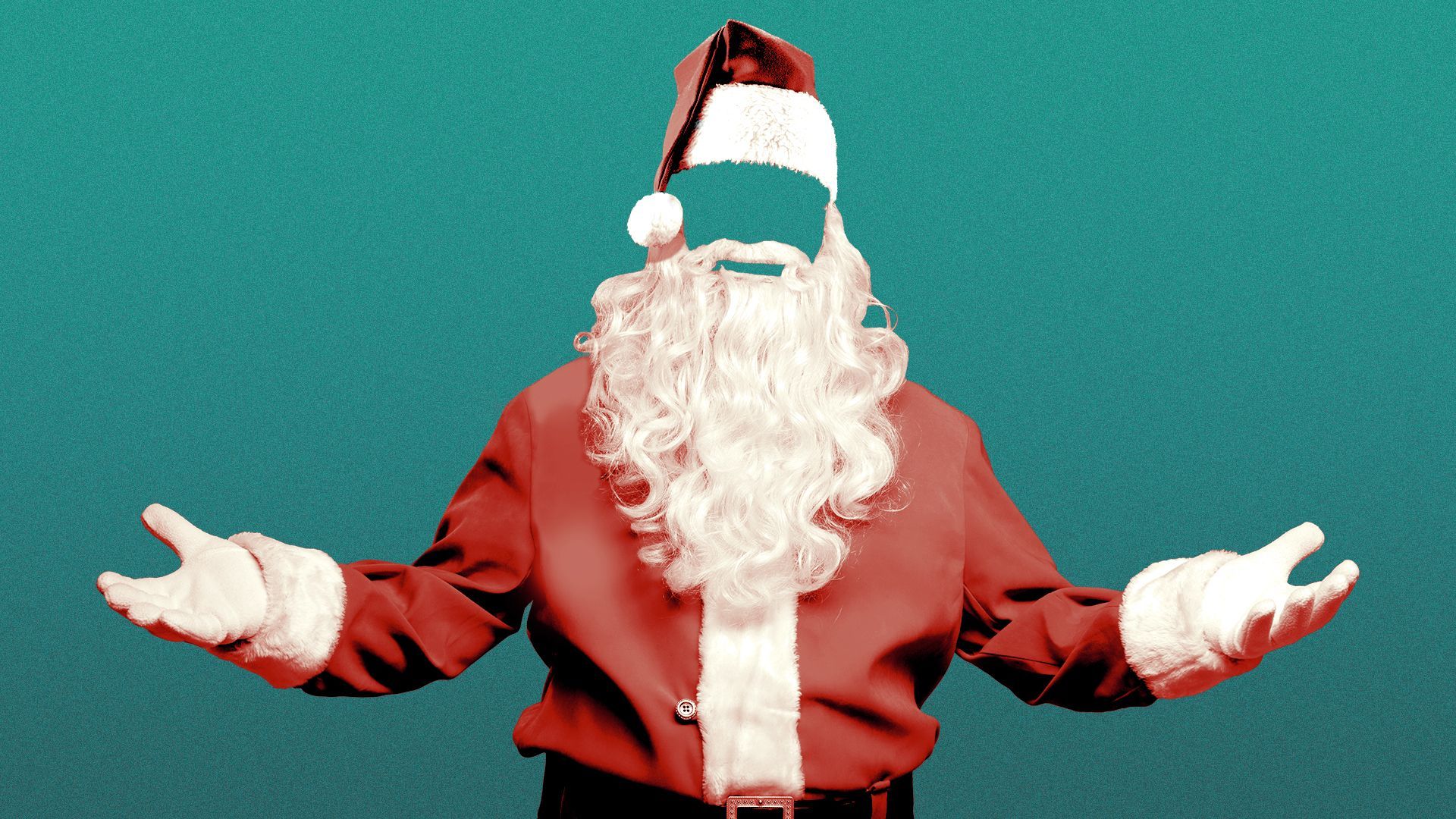 Illustration of an empty Santa Claus suit, hat and beard shrugging its shoulders. 