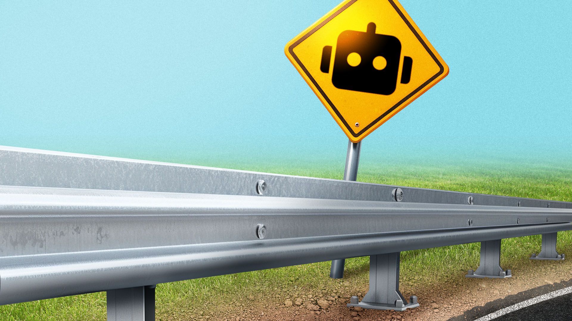 Illustration of a road guardrail featuring a road sign with a robot icon on it 
