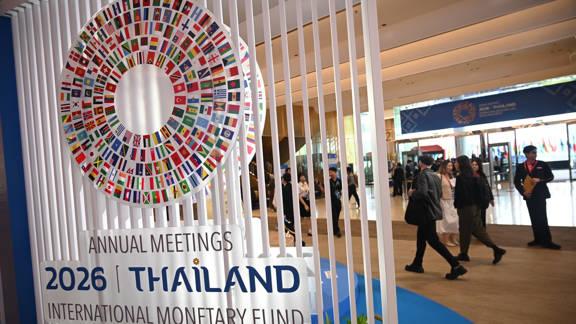 Signage at the IMF and World Bank annual meetings in Bangkok, Thailand, on Oct. 13, 2026.