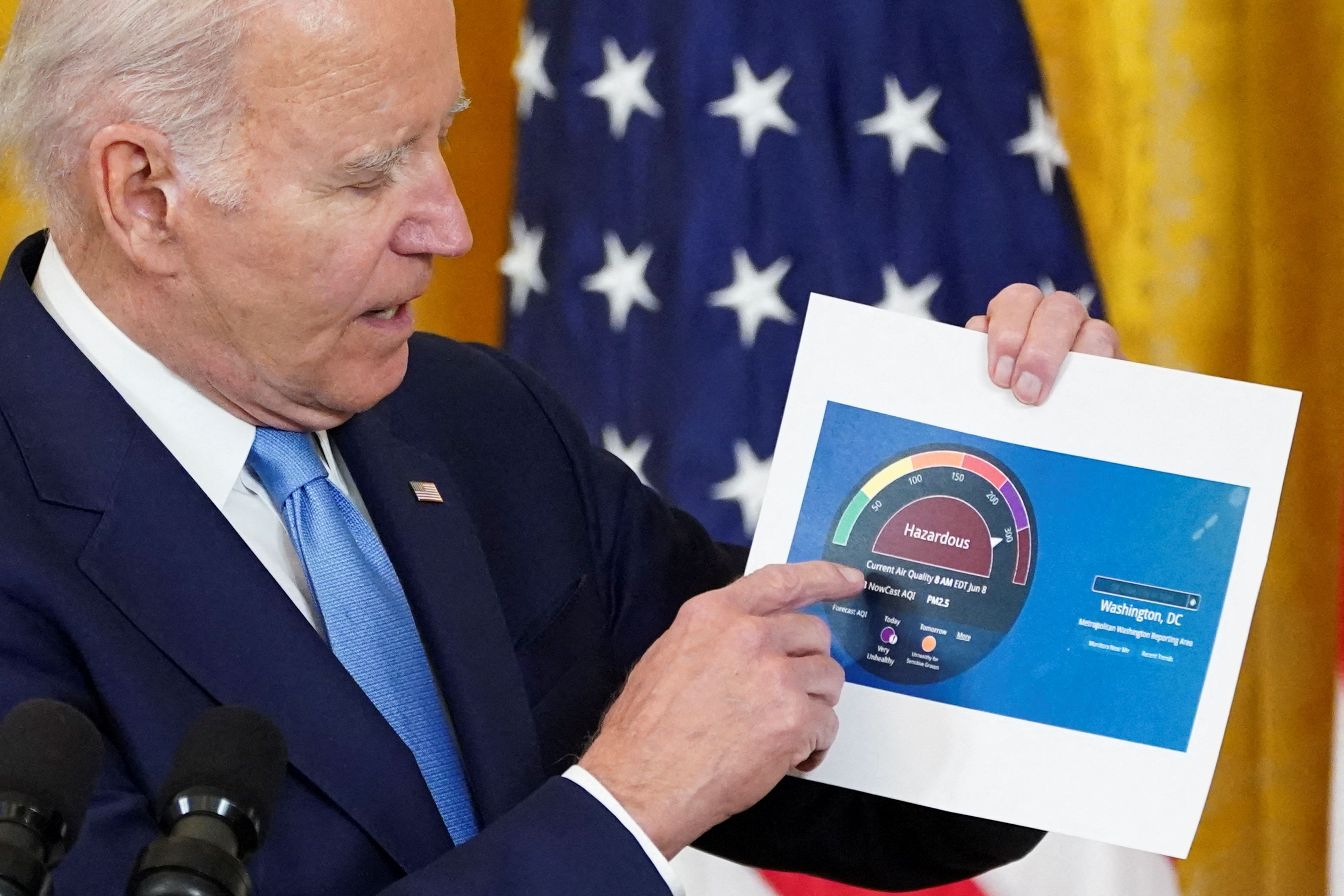 Biden pointing a piece of paper about wildfire smoke.