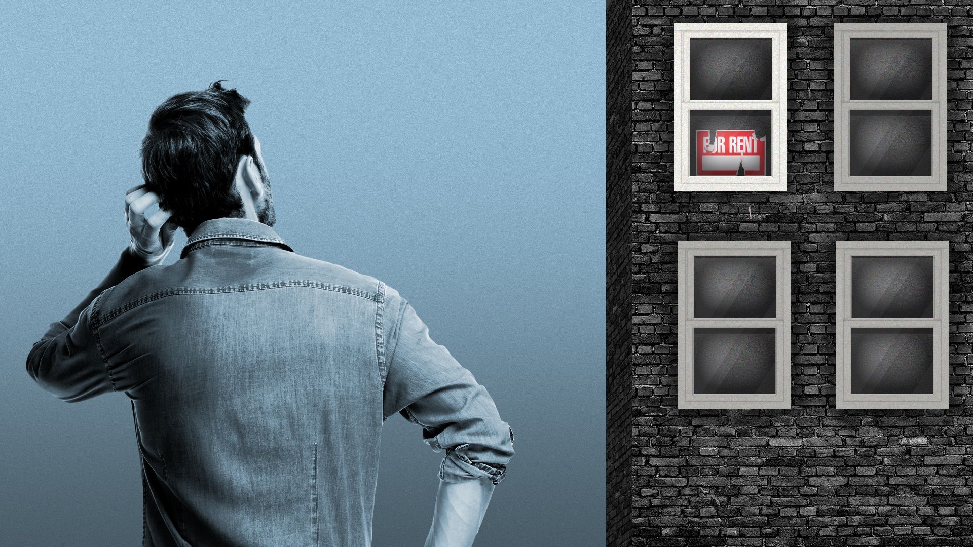 Illustration of a person looking confused at a building with a "For Rent" sign in the window.