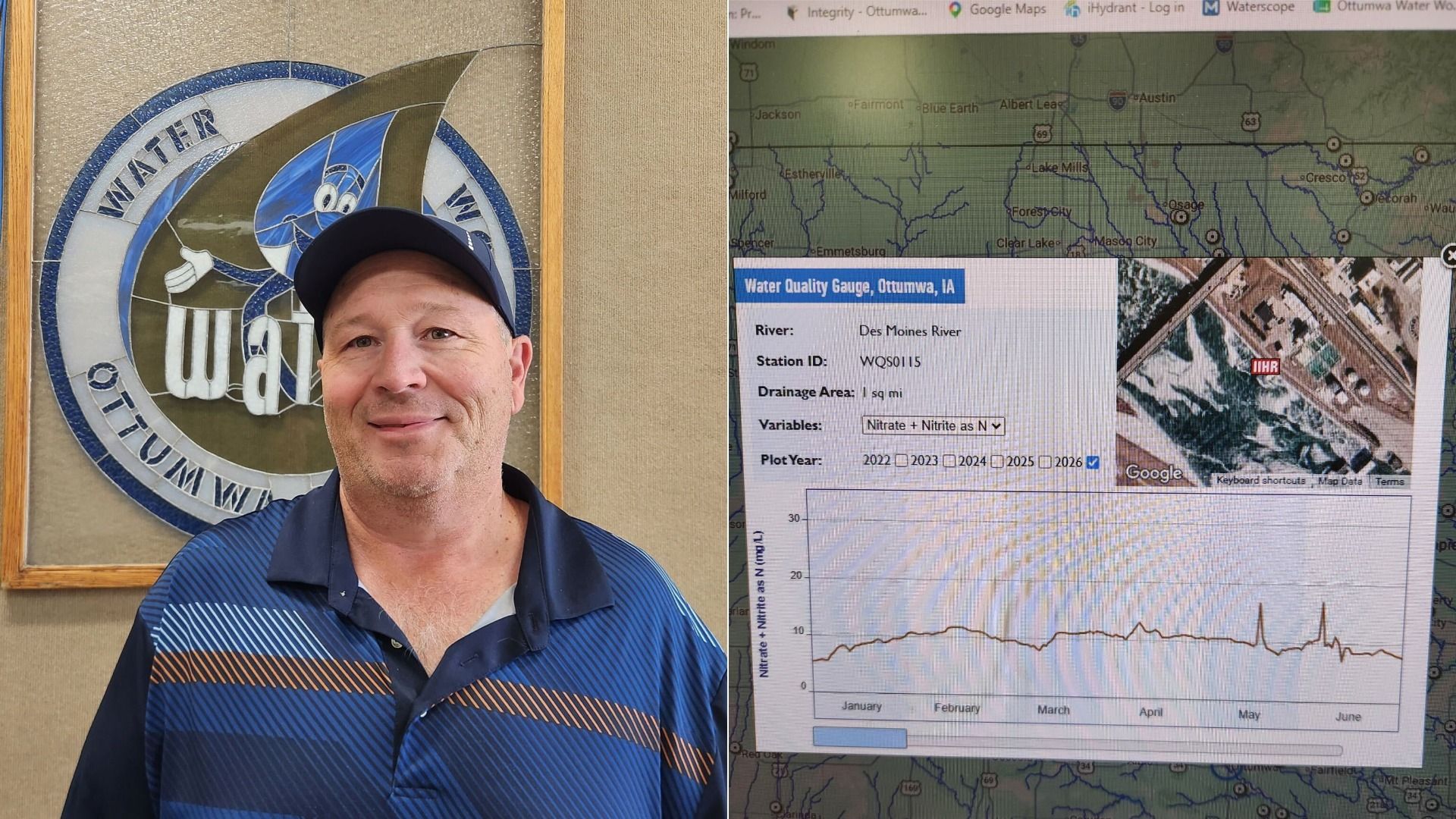 Smiling man in a navy cap and blue striped polo stands beside a circular blue mosaic sign; on the right, a computer screen shows a map and a "Water Quality Gauge, Ottumwa, IA" panel.