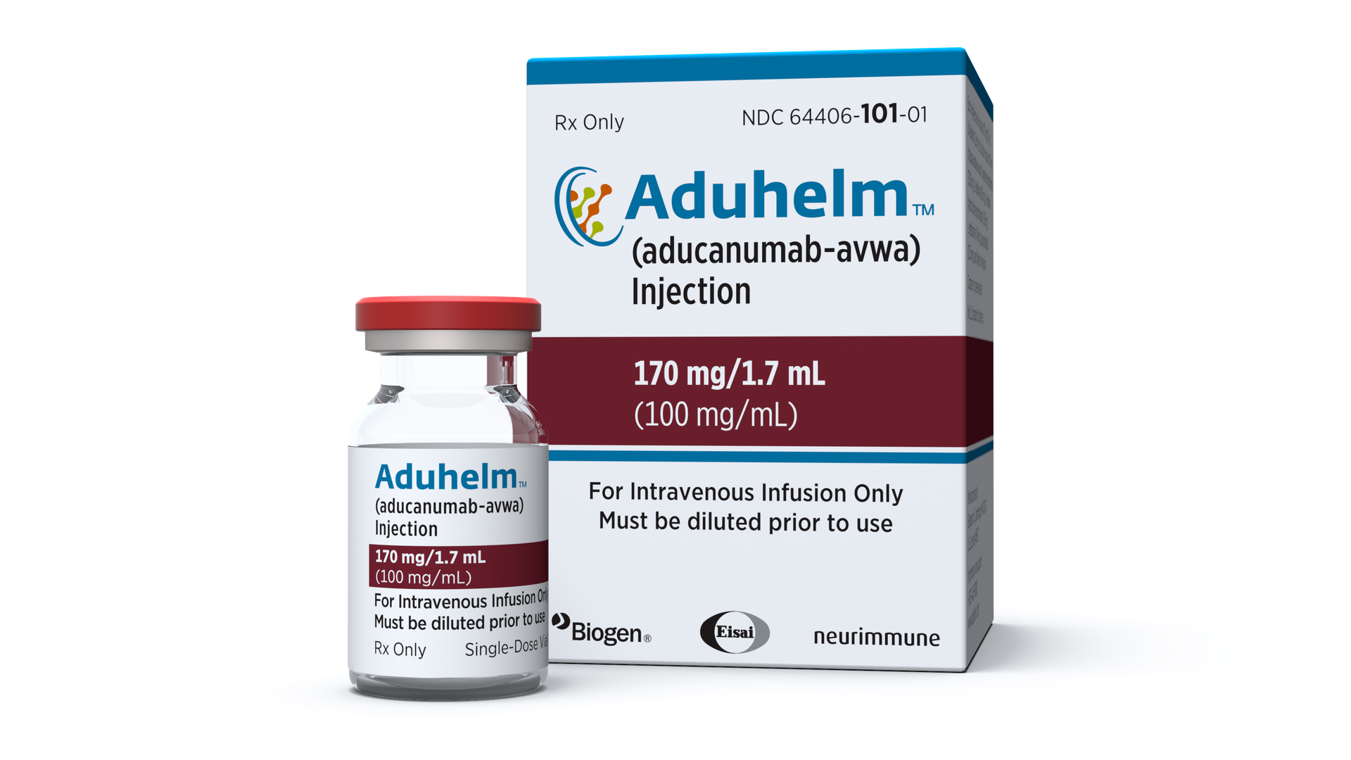A blue, white and maroon box and vial of Aduhelm.