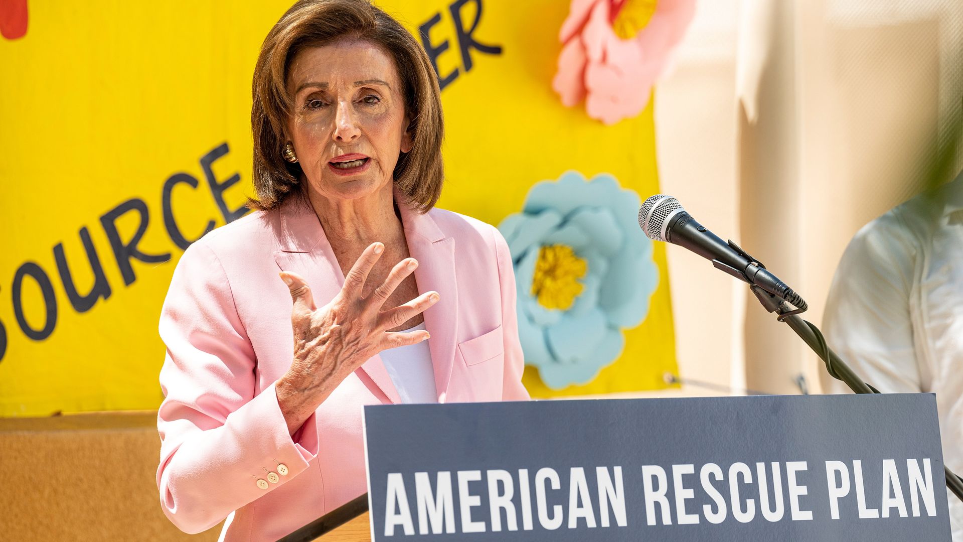 House Speaker Nancy Pelosi is seen speaking up the American Rescue Plan during an event in San Francisco.