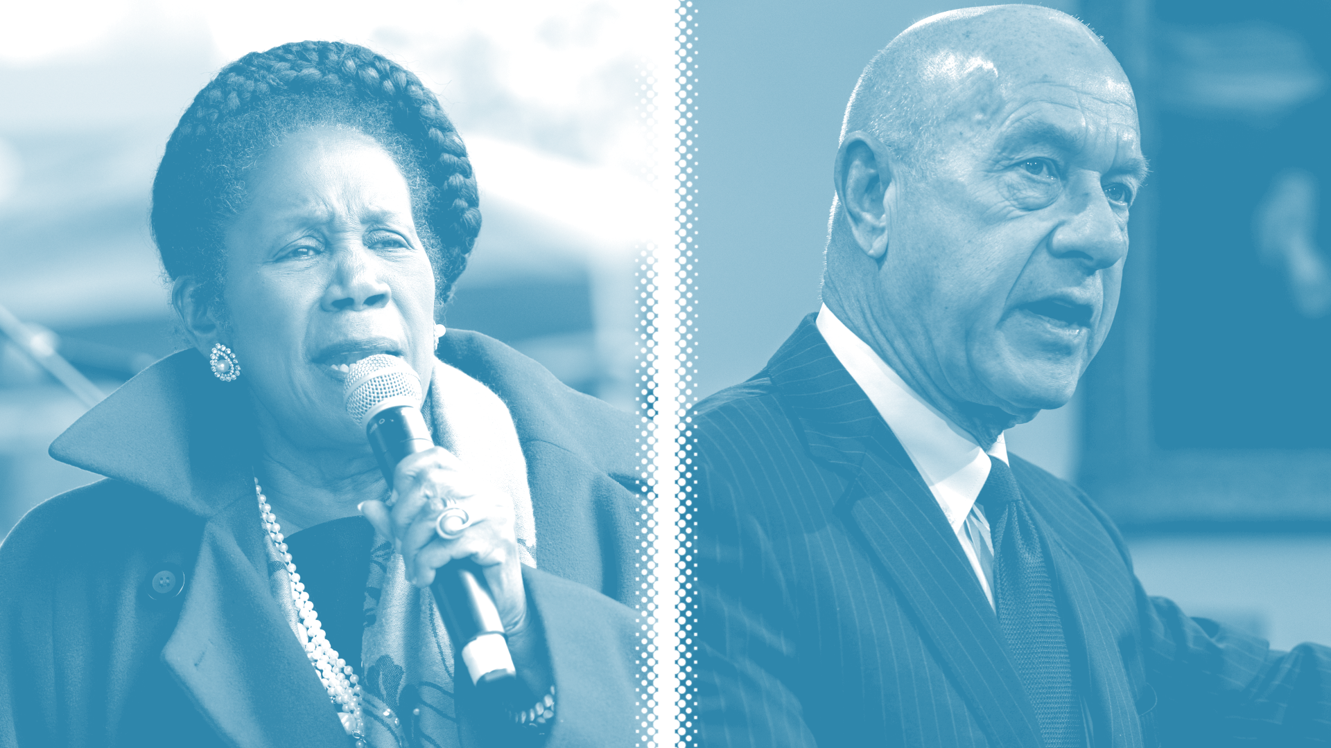 Two photos of two people speaking, side by side. 