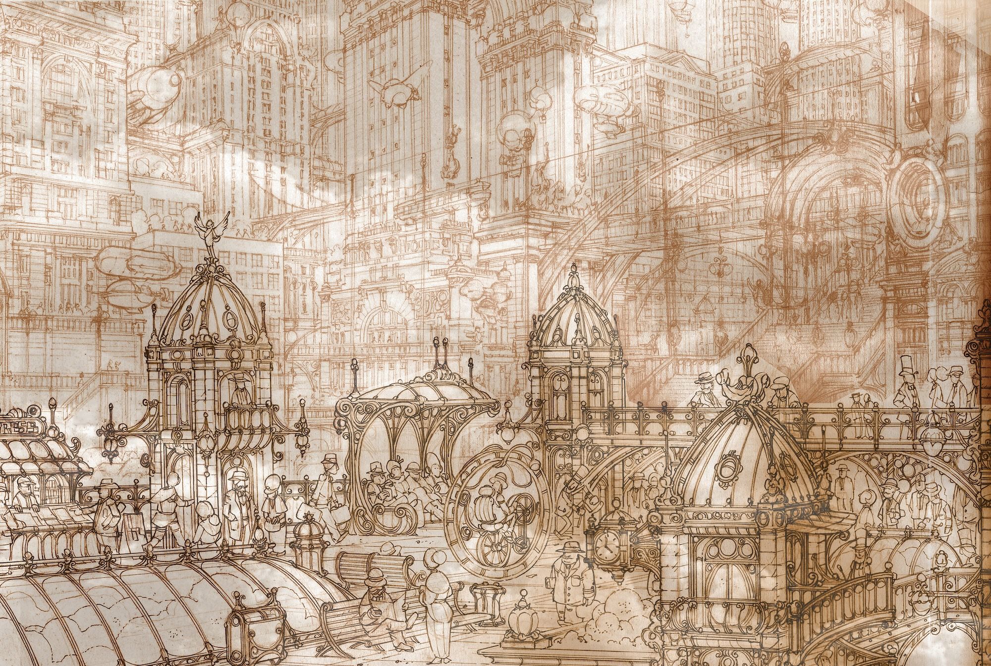 Intricate black and white illustration of buildings.