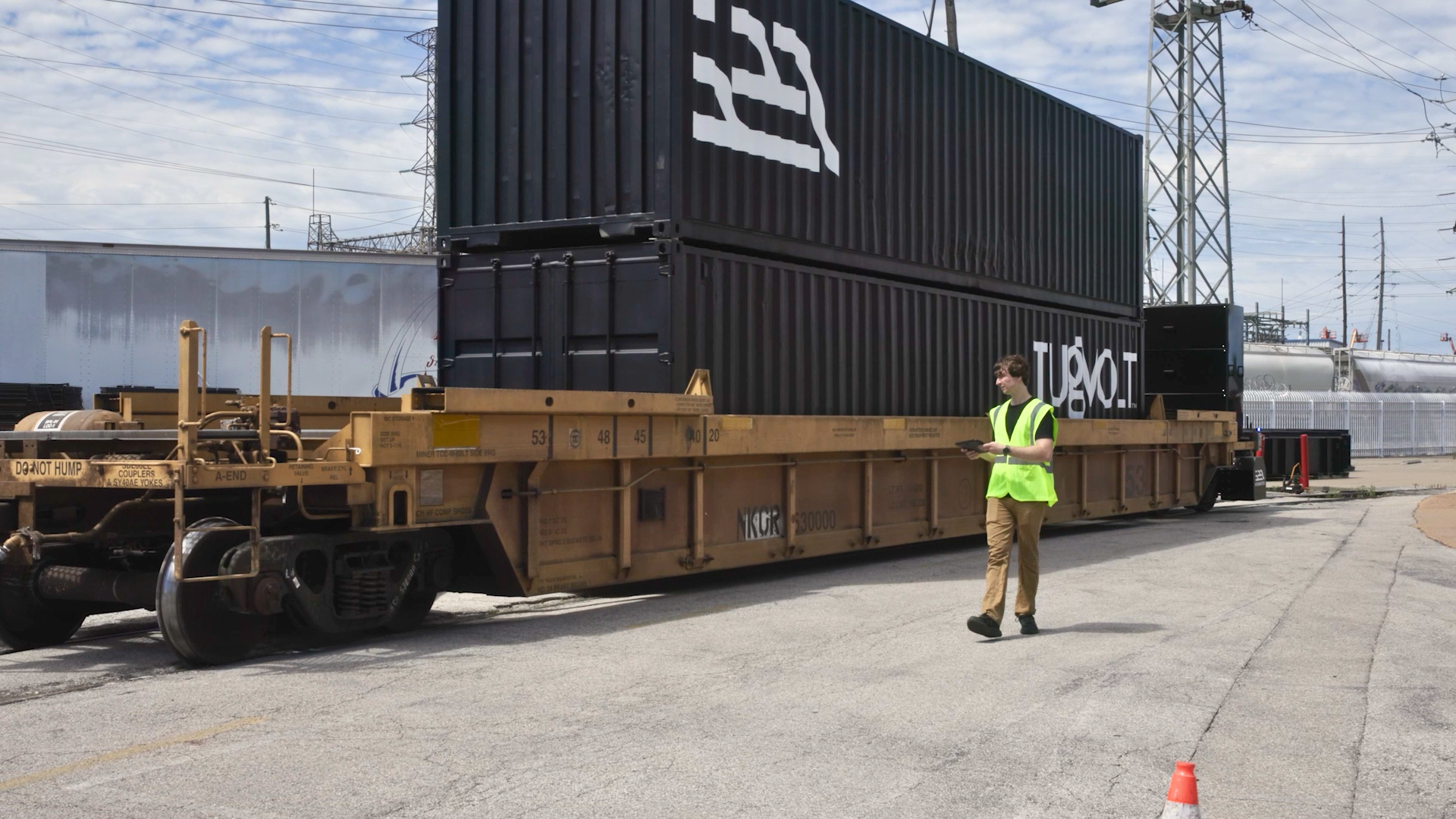 An autonomous electric railcar called TugVolt made by startup Intramotev.
