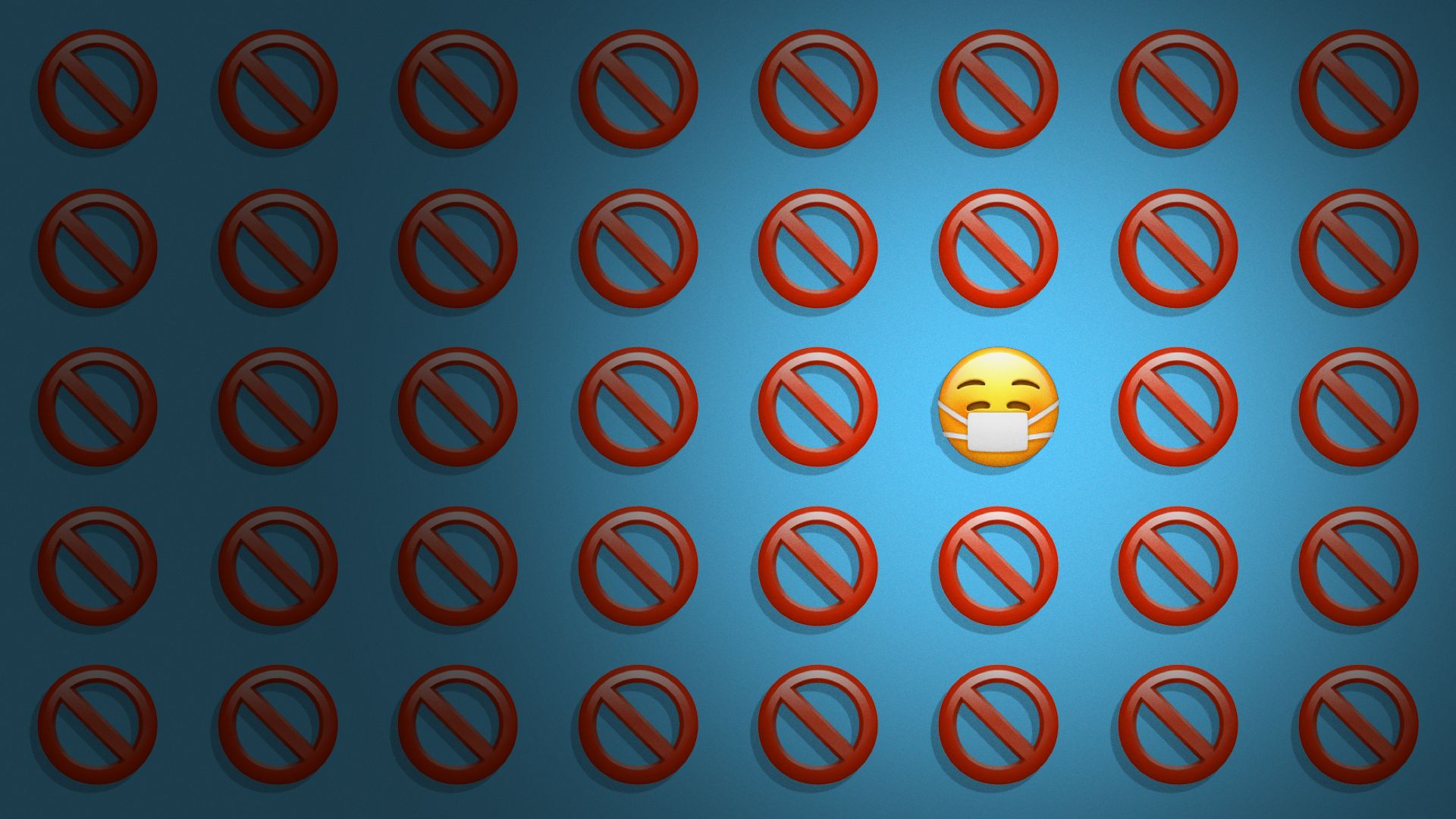 Illustration of a circle with a slash emoji repeated on a blue background, with one mask emoji illuminated off-center.