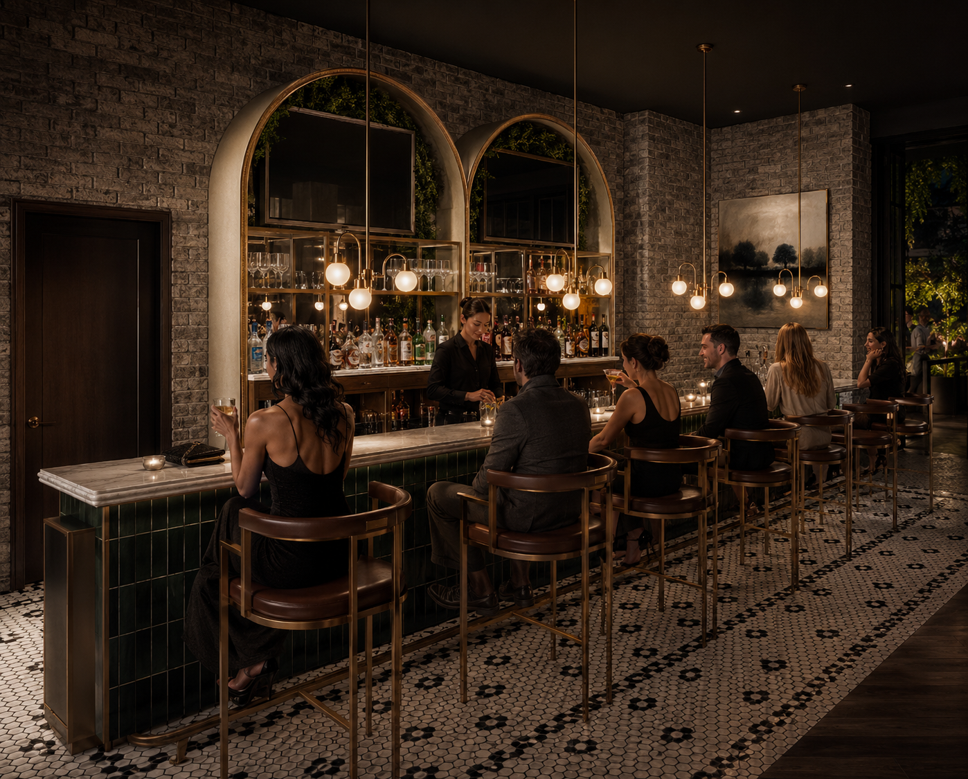 Dimly lit upscale bar with a marble counter and green-tiled front. Brass stools line the bar as patrons in evening attire chat; a bartender serves behind arched mirrors, warm pendant lights overhead.