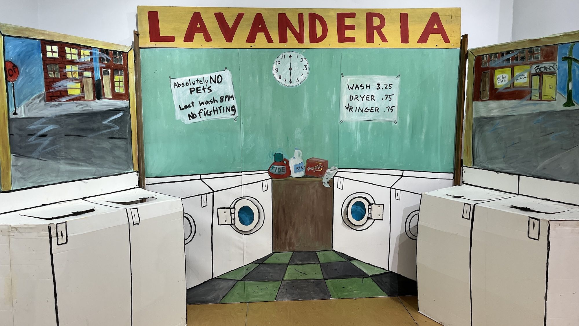 Painted laundromat scene with white washing machines, green and black checkered floor, signs stating rules and prices, and a clock on a teal wall under a yellow sign reading "LAVANDERIA".
