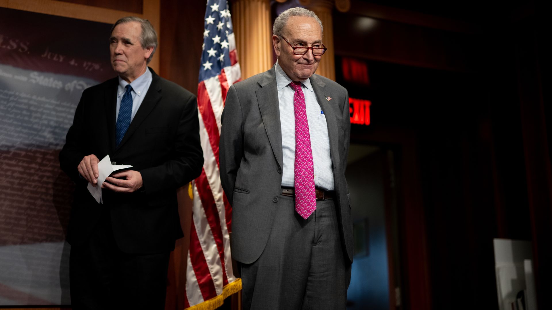 Senator Jeff Merkley, a Democrat from Oregon, left, and Senate Minority Leader Chuck Schumer, a Democrat from New York, during a news conference at the US Capitol in Washington, DC, US, on Thursday, April 3, 2025.