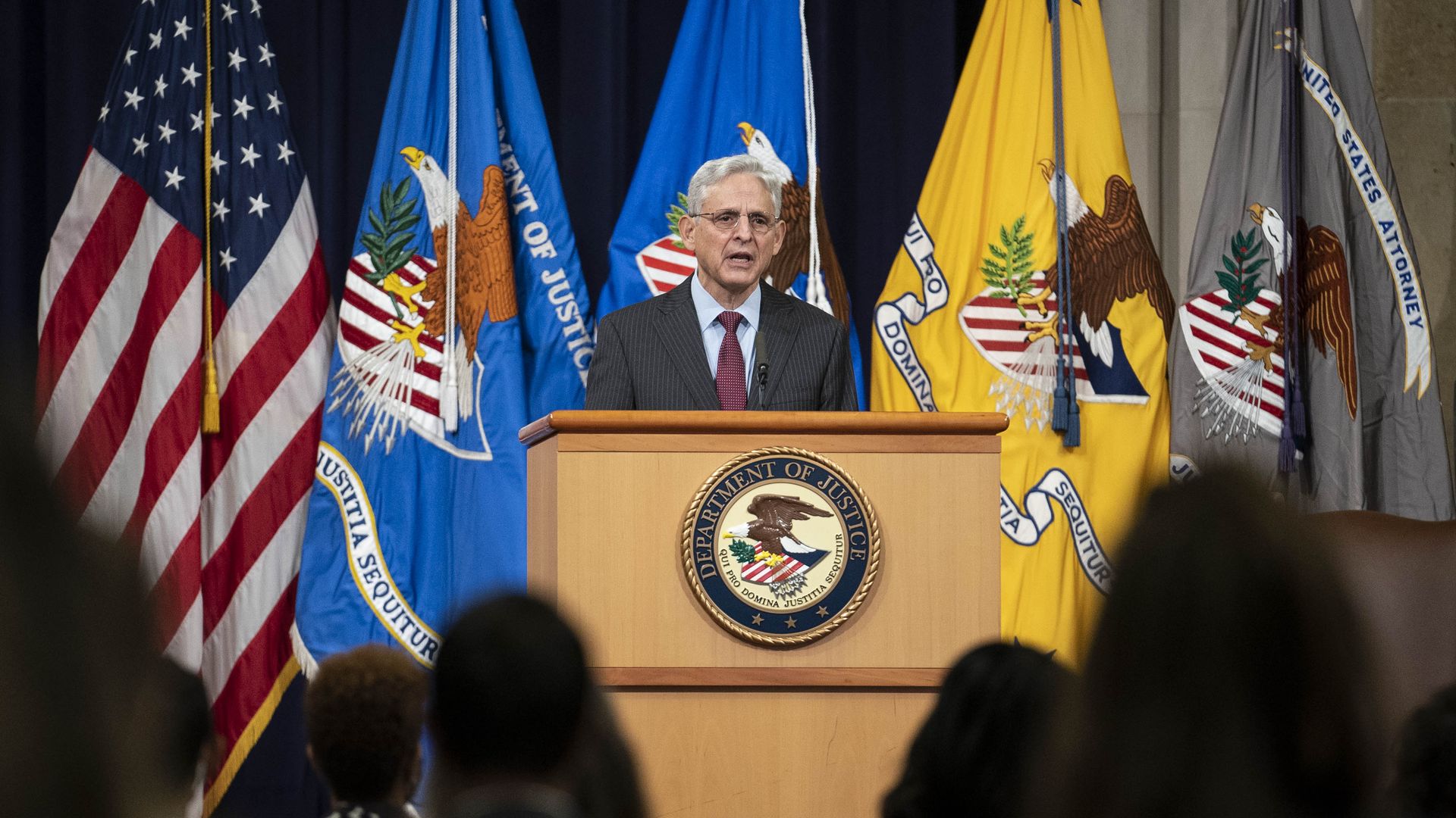 Merrick Garland, U.S. attorney general, speaks during an address at the Department of Justice in Washington, D.C., U.S., on Friday, Oct. 22, 2021.