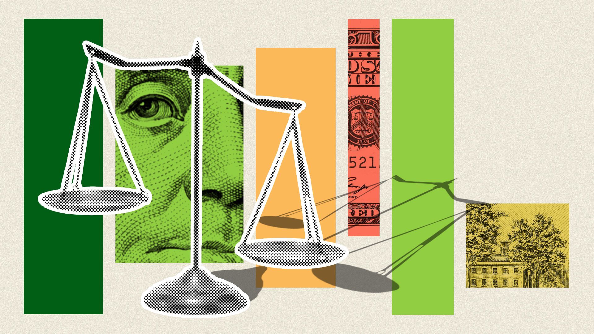 Illustration of a scale with colored shapes and images of dollars.