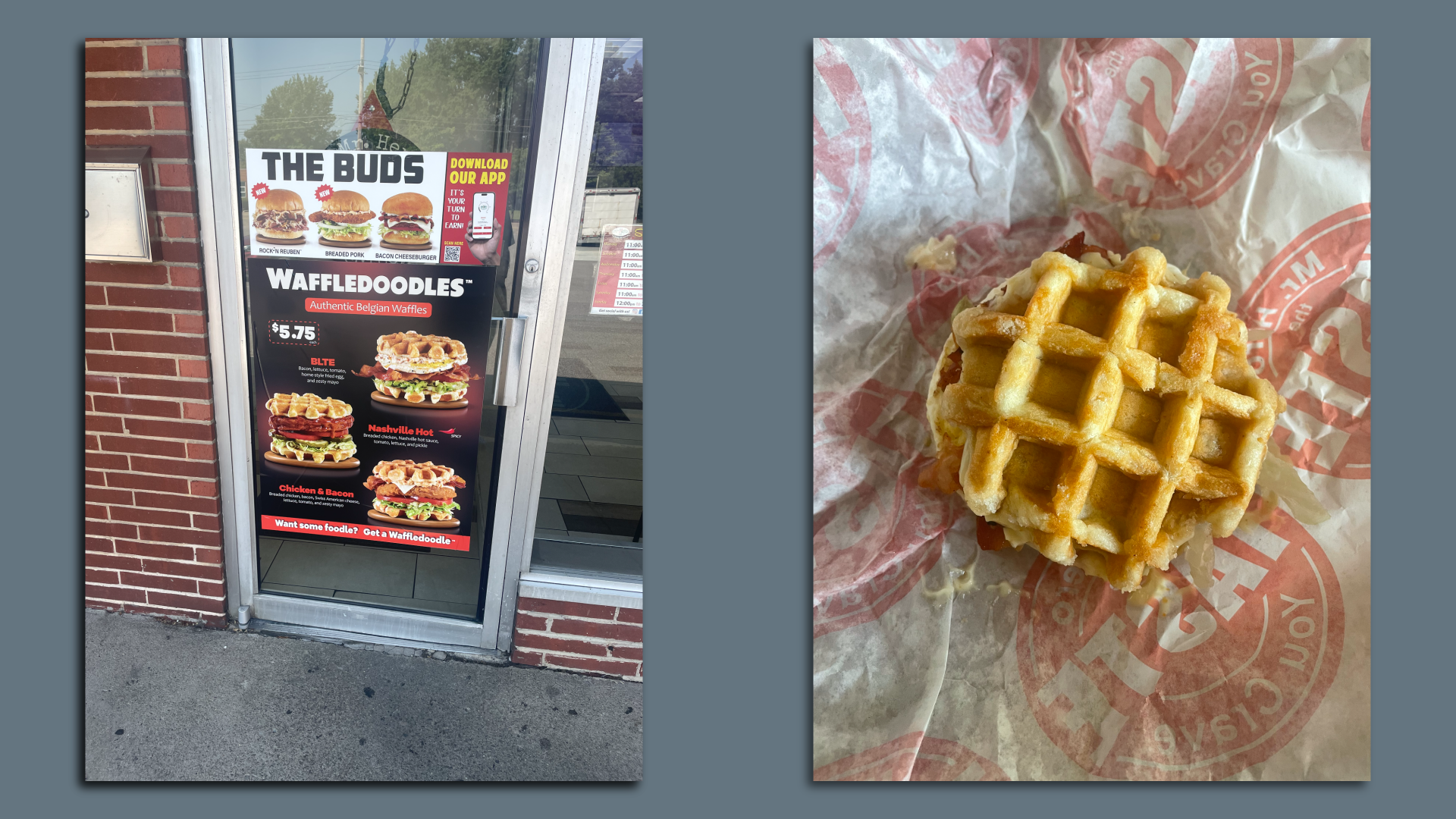 Side by side images: On left, a door with sign advertising "Waffledoodles" from Mr. Hero; on right, a Waffledoodle sandwich in wrapper