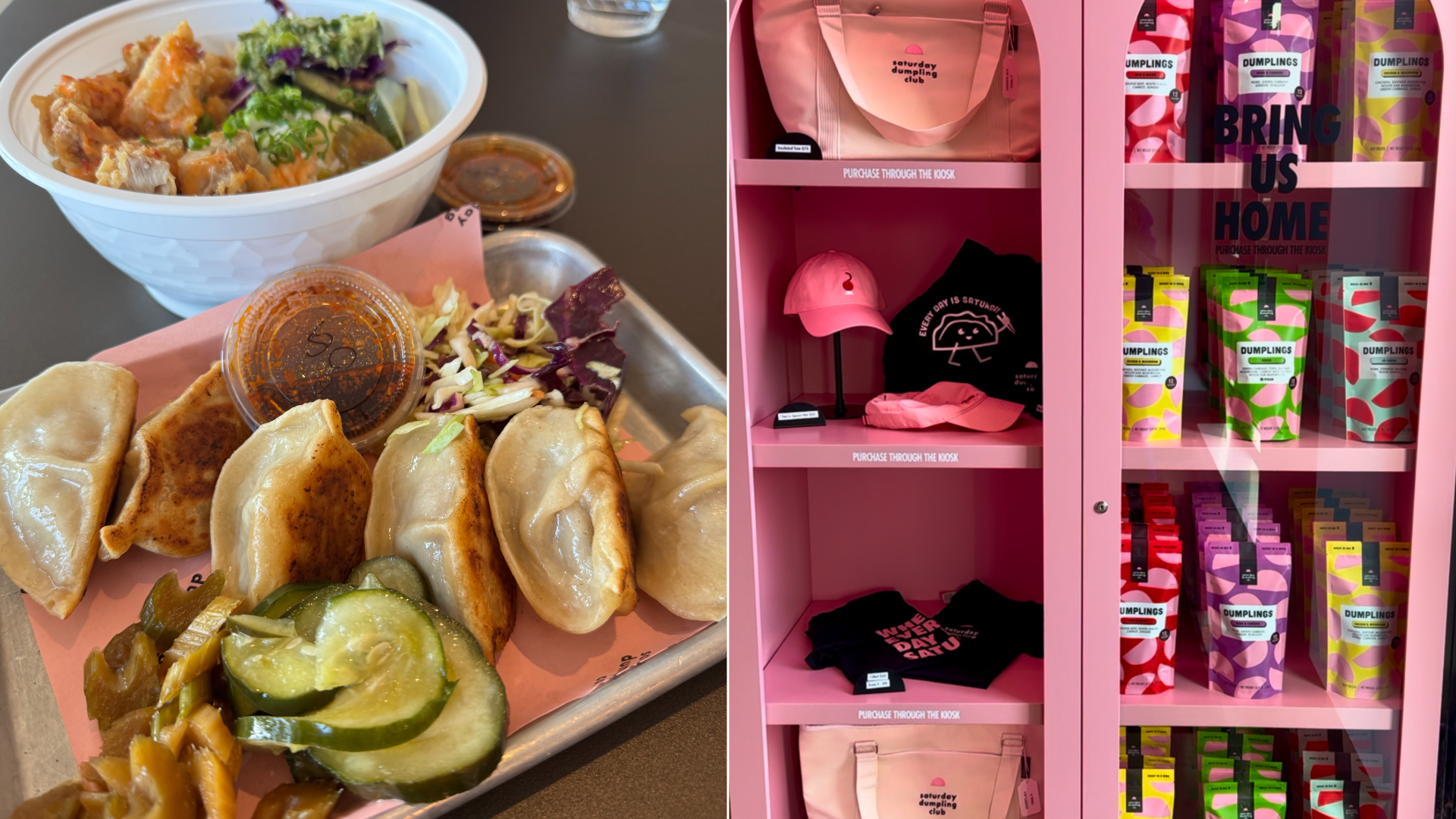 A photo of six dumplings on a plate and a photo of a bright pink cabinet with bags of frozen dumplings inside.