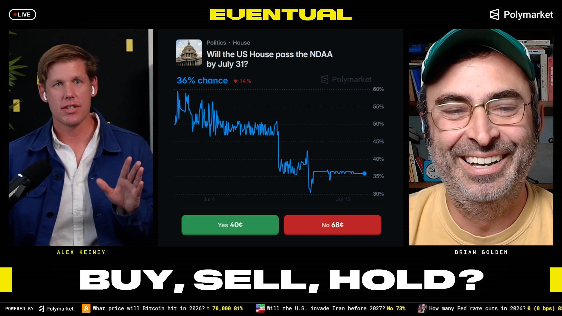 Triptych livestream: left Alex Keeney in a jacket; center panel shows "Will the US House pass the NDAA by July 31?" with a chart; right Brian Golden smiles in a cap. LIVE, EVENTUAL, Polymarket.