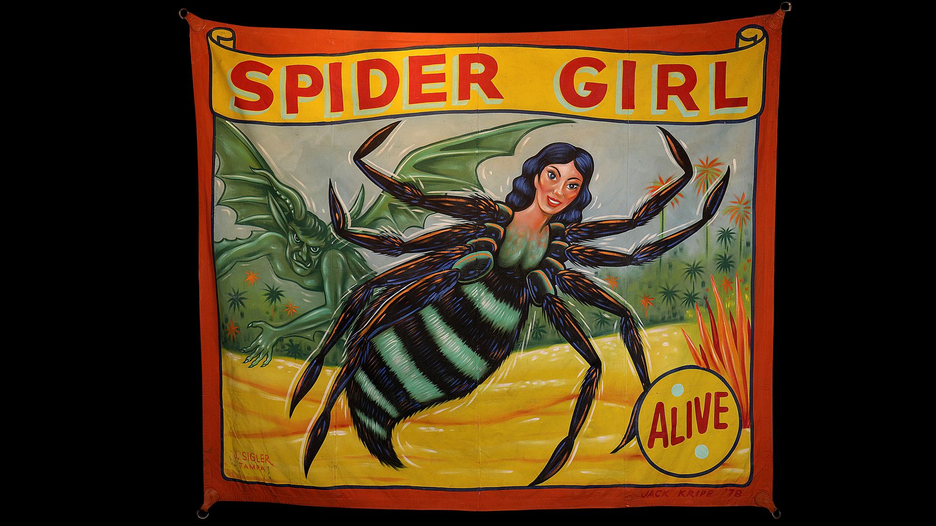 Vibrant carnival banner titled "SPIDER GIRL" in red on yellow, showing a brave female spider with black-green limbs, a green spider creature behind her, orange border.