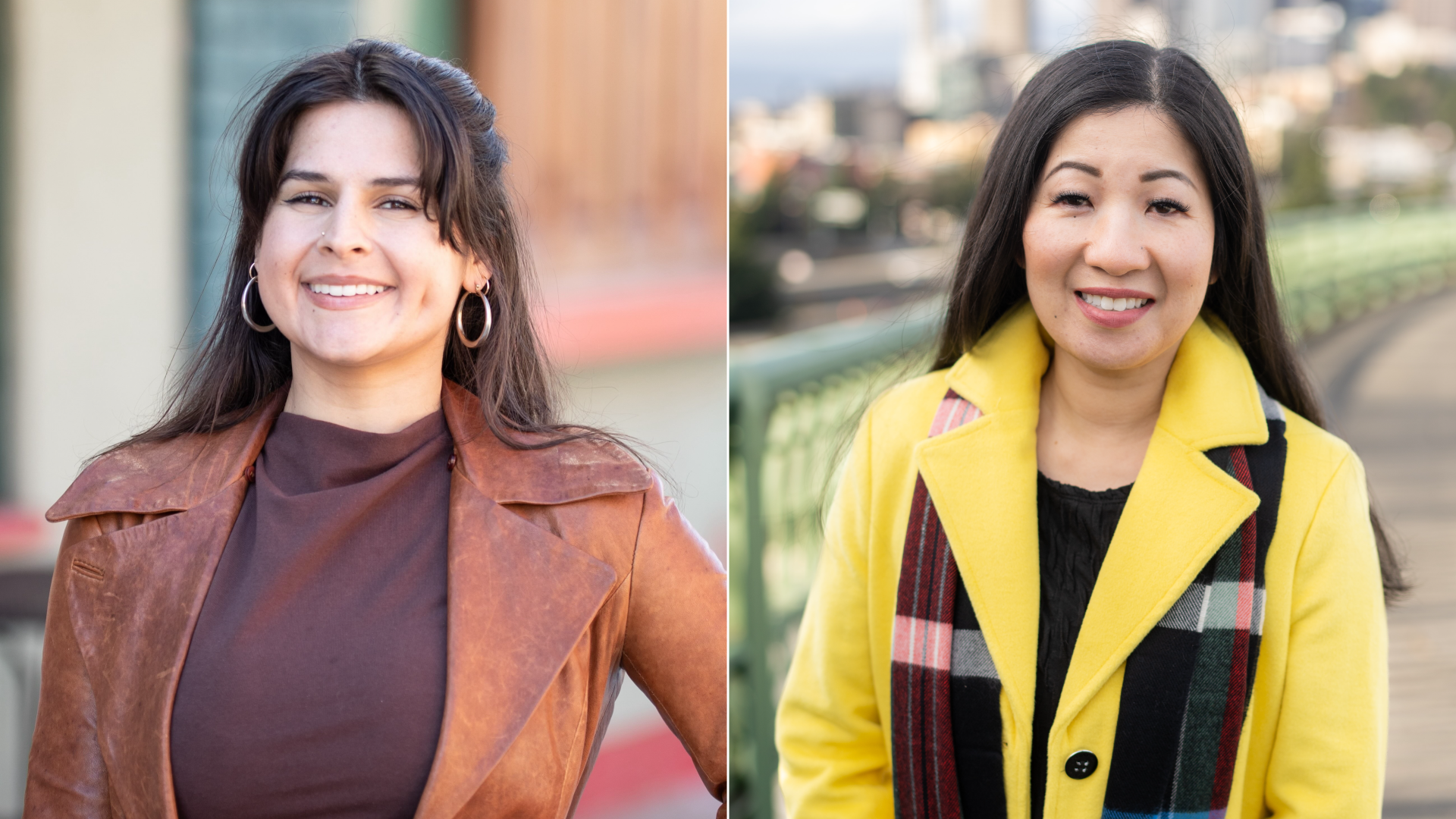 Alexis Mercedes Rinck is shown at left in a burgundy shirt under a brown jacket, smiling; at right, Tanya Woo smiles wearing a yellow overcoat and plaid scarf, with city in background.