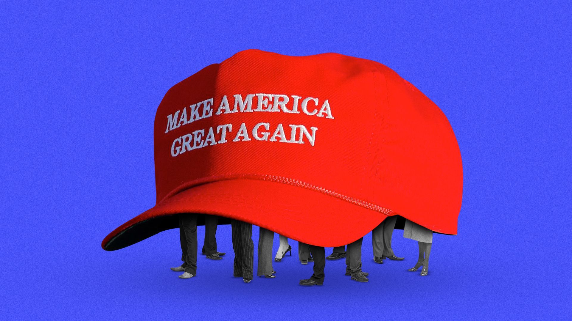 Illustration of a group of small people holding up a giant mag hat. 