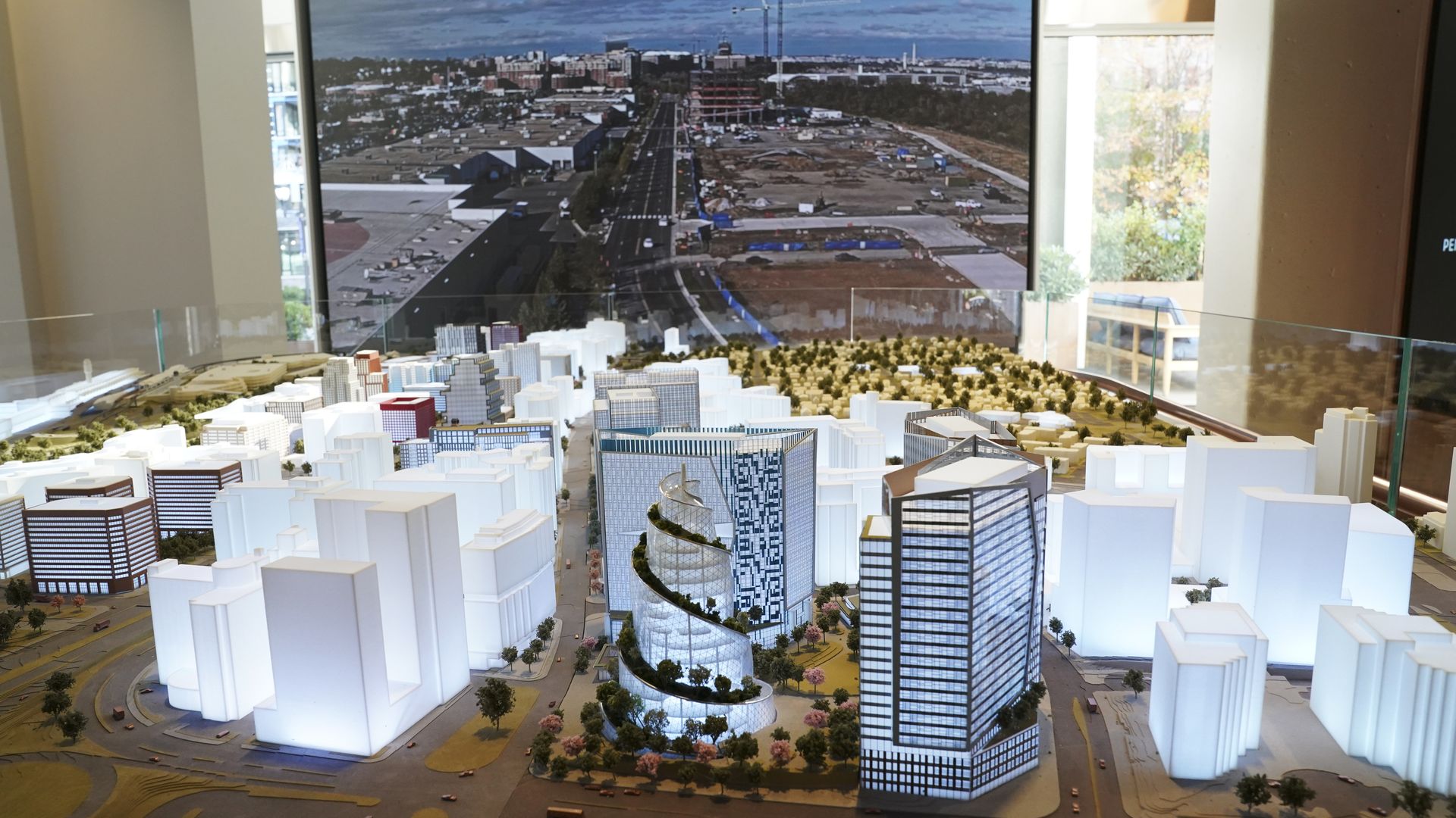 A physical model of future buildings at National Landing in Arlington, including the Amazon HQ2 helix building pictured