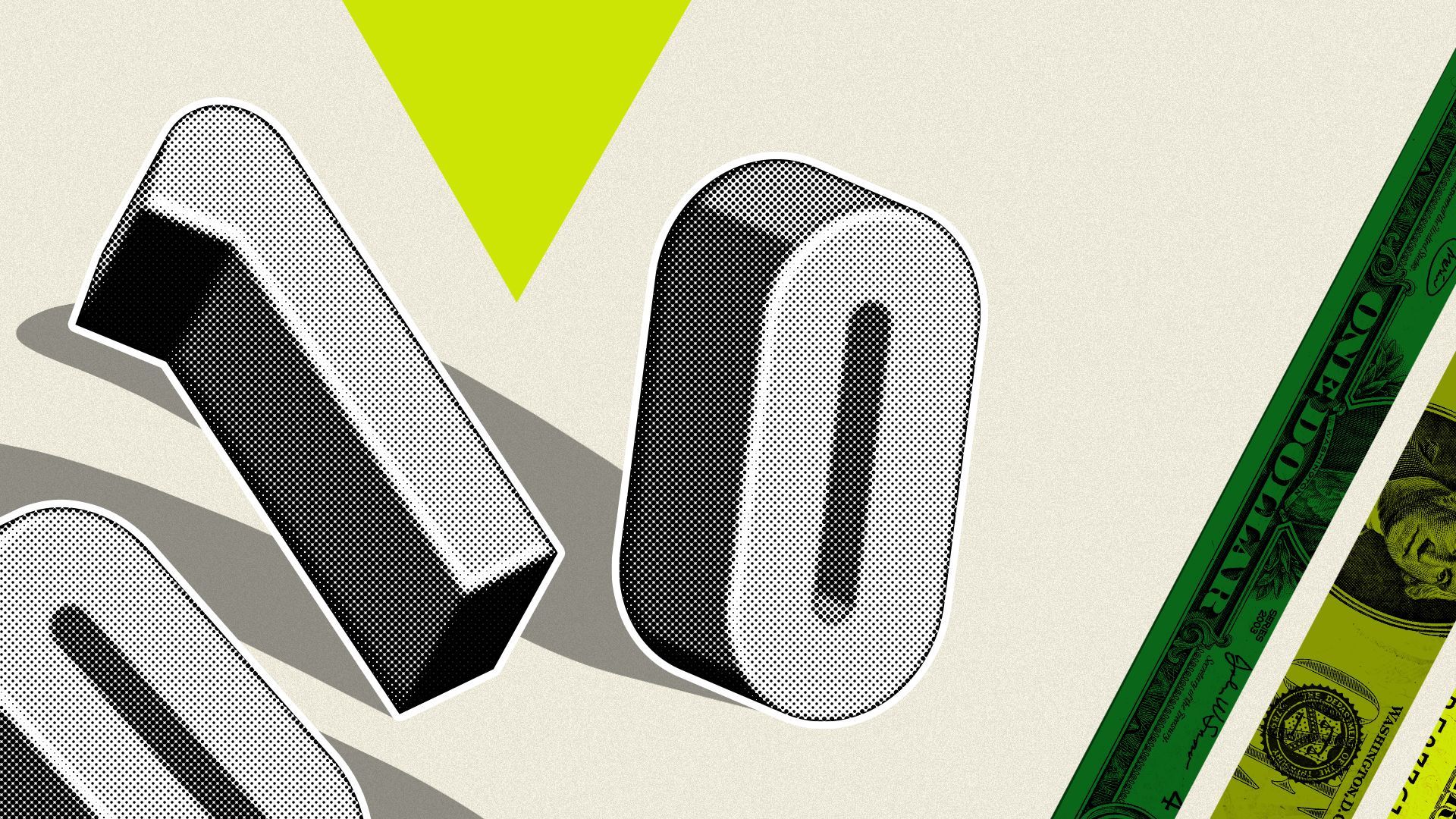 Illustration of three-dimensional binary code appearing to be split by graphic shapes and surrounded by a cut-up one dollar bill