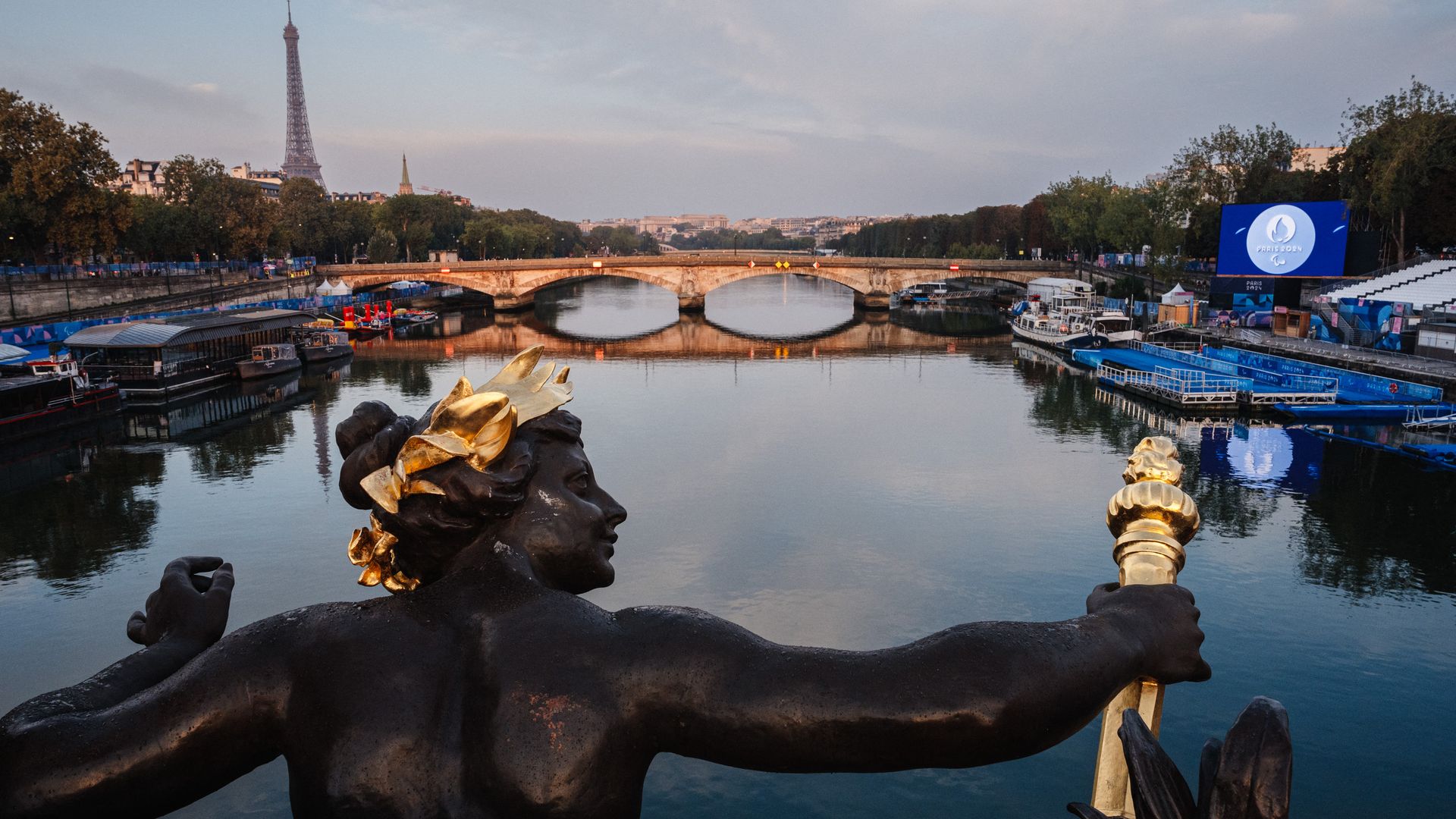 This photograph taken on September 1, 2024, shows the Seine river from the Alexandre III bridge, after the cancellation of the para-triathlon competition during the Paris 2024 Paralympic Games in Paris. 