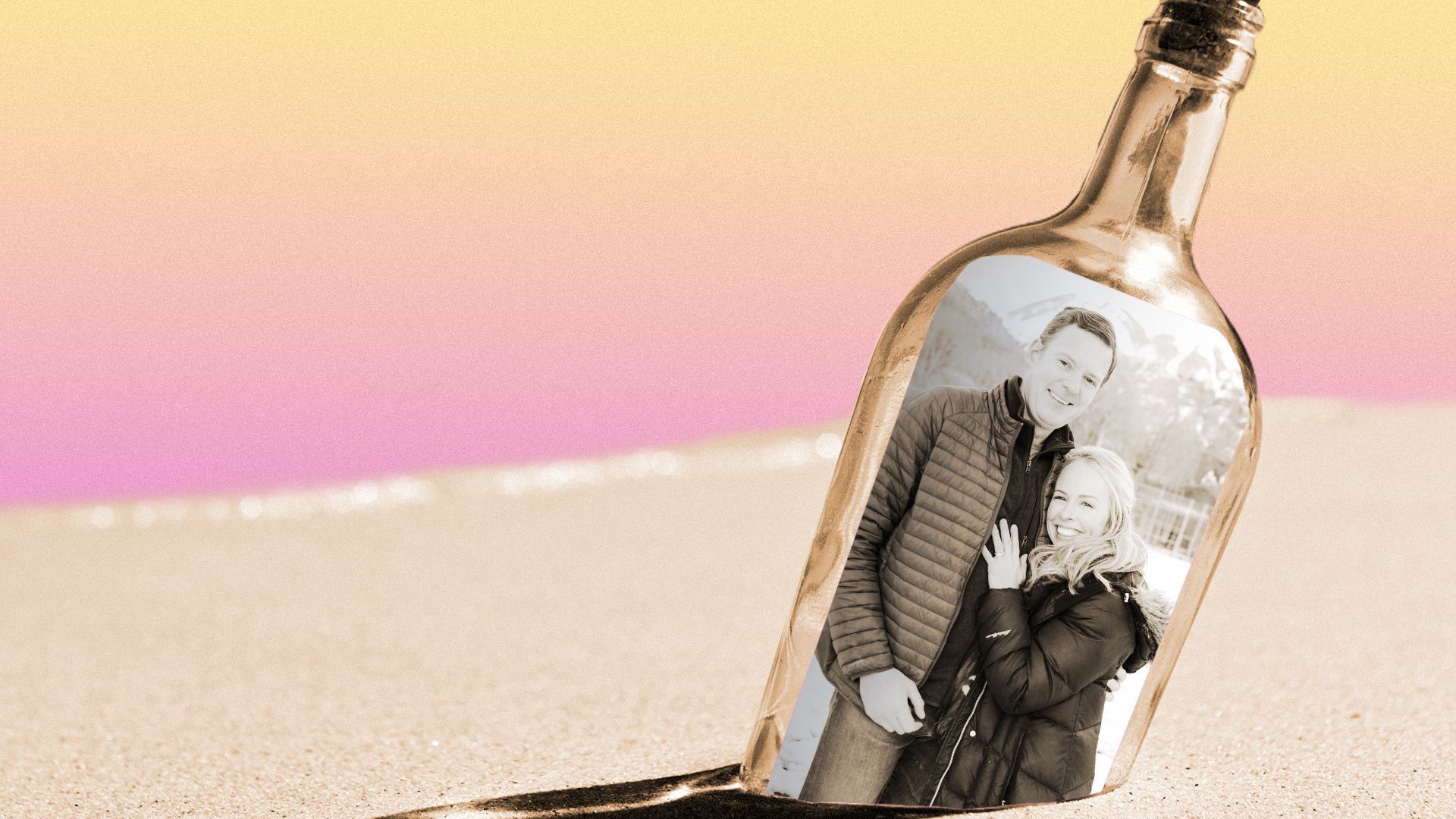 Photo illustration of Mason Ayer and Christina Ayer inside a bottle on a beach.