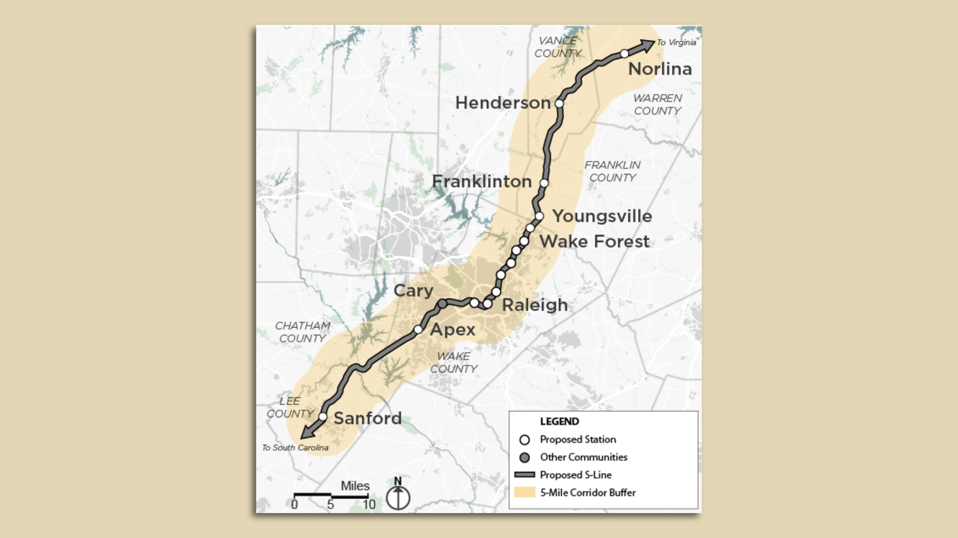 A map of the S-Line rail corridor snaking from Sanford to Wake Forest. 