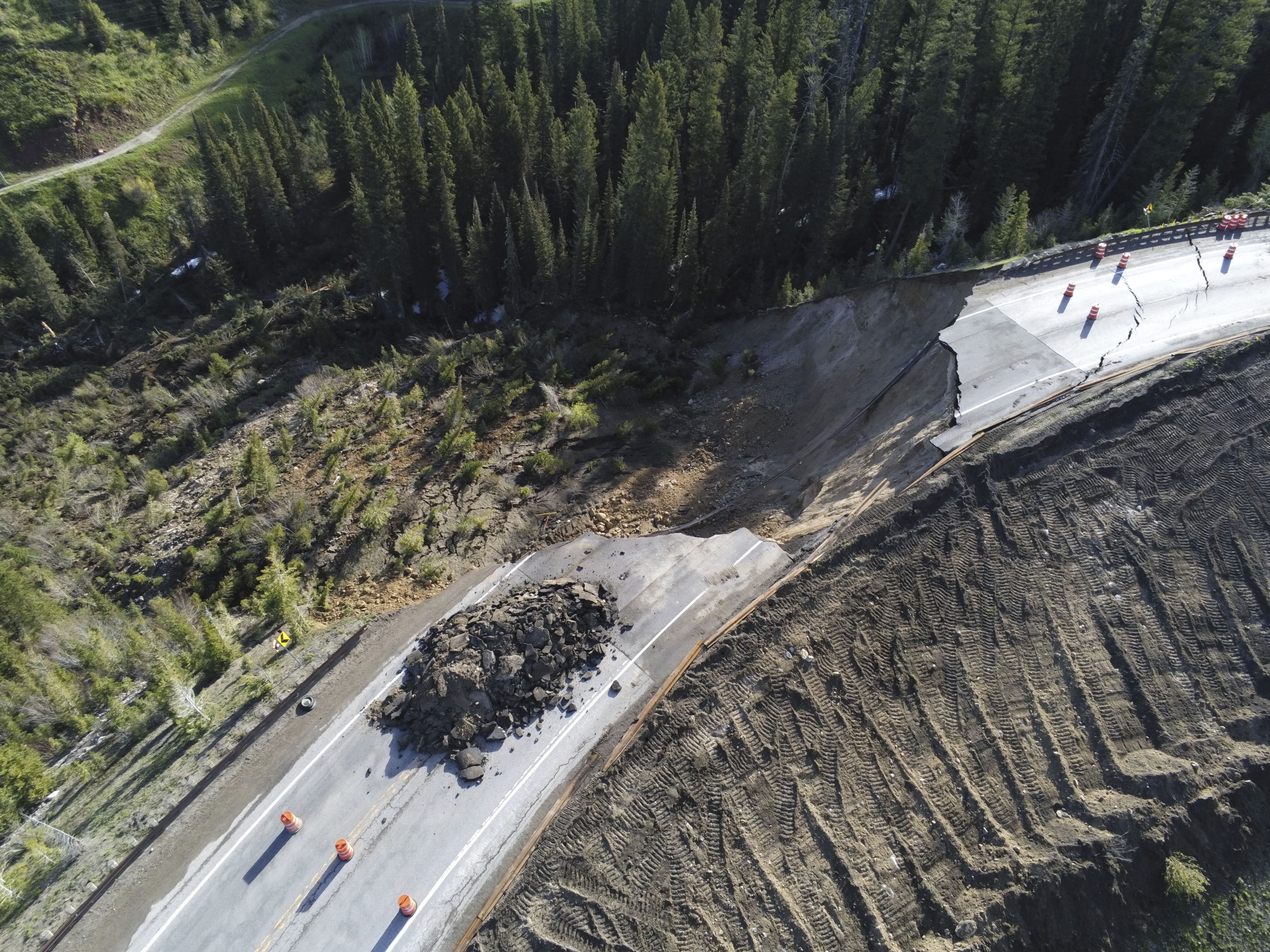 A damaged section of Teton Pass near Jackson, Wyo., on Saturday.
