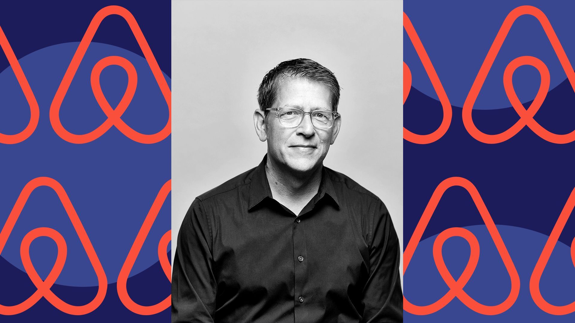 Photo illustration of Jay Carney, in front of a repeating Airbnb logo