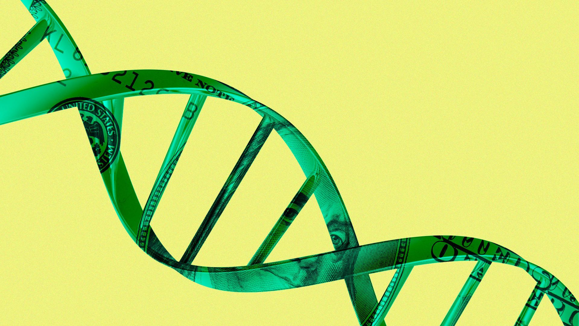 Illustration of a double helix made out of a $100 bill.