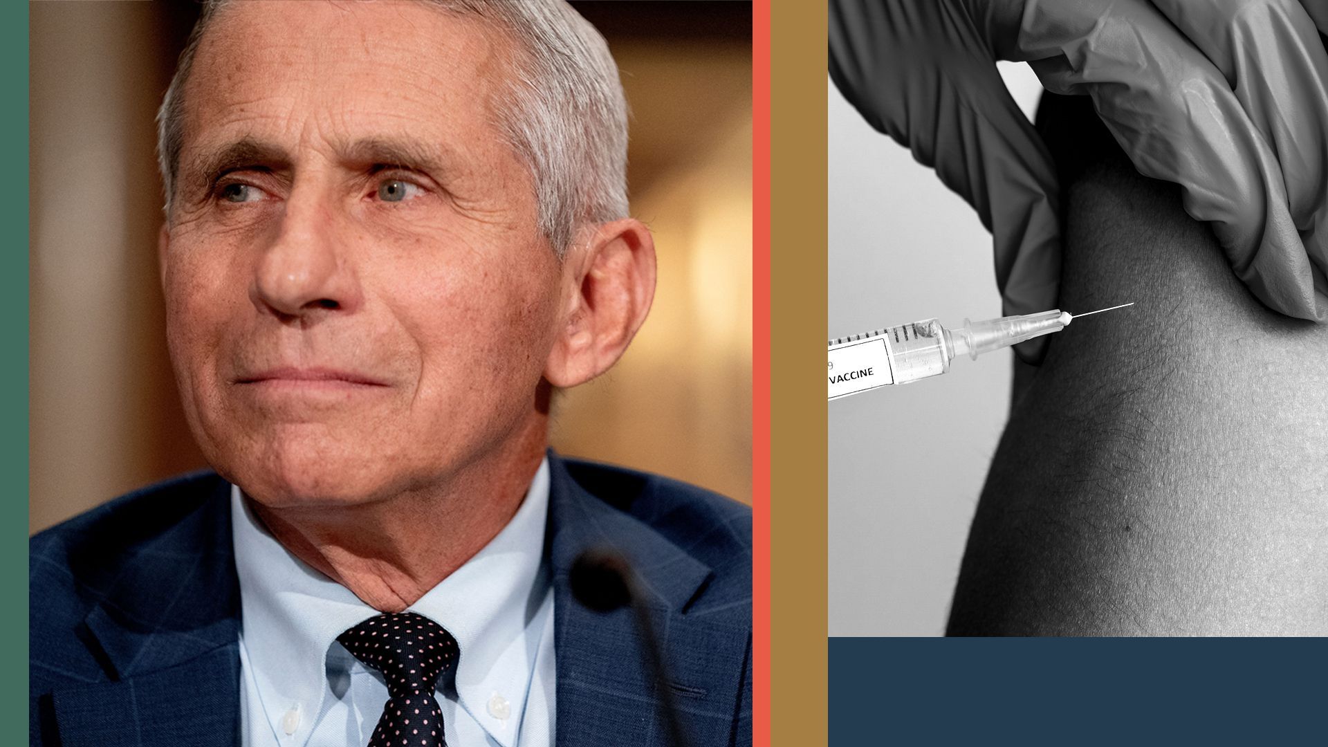 Photo illustration of Dr. Anthony Fauci and a child receiving a vaccine