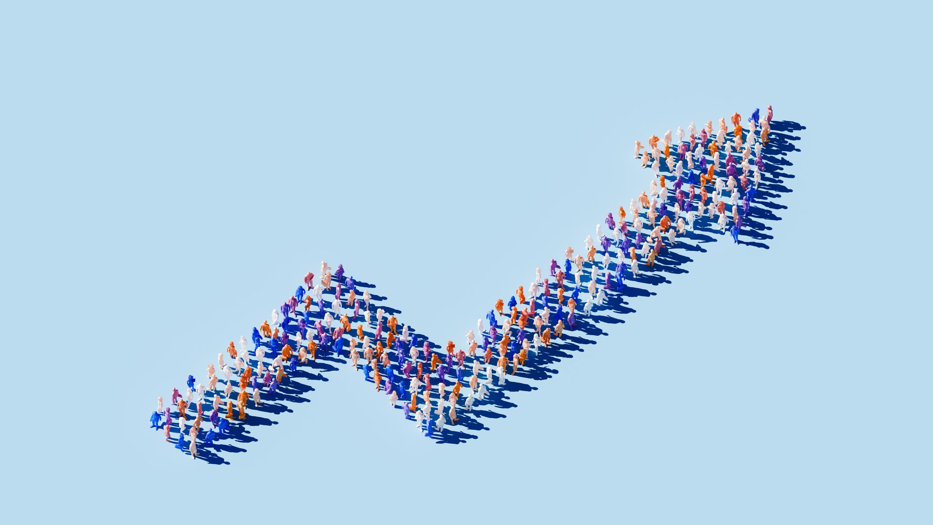 An aerial view of a curved line of colorful human figures on a pale blue background, each casting a long shadow as they form a sweeping wave-like trail.