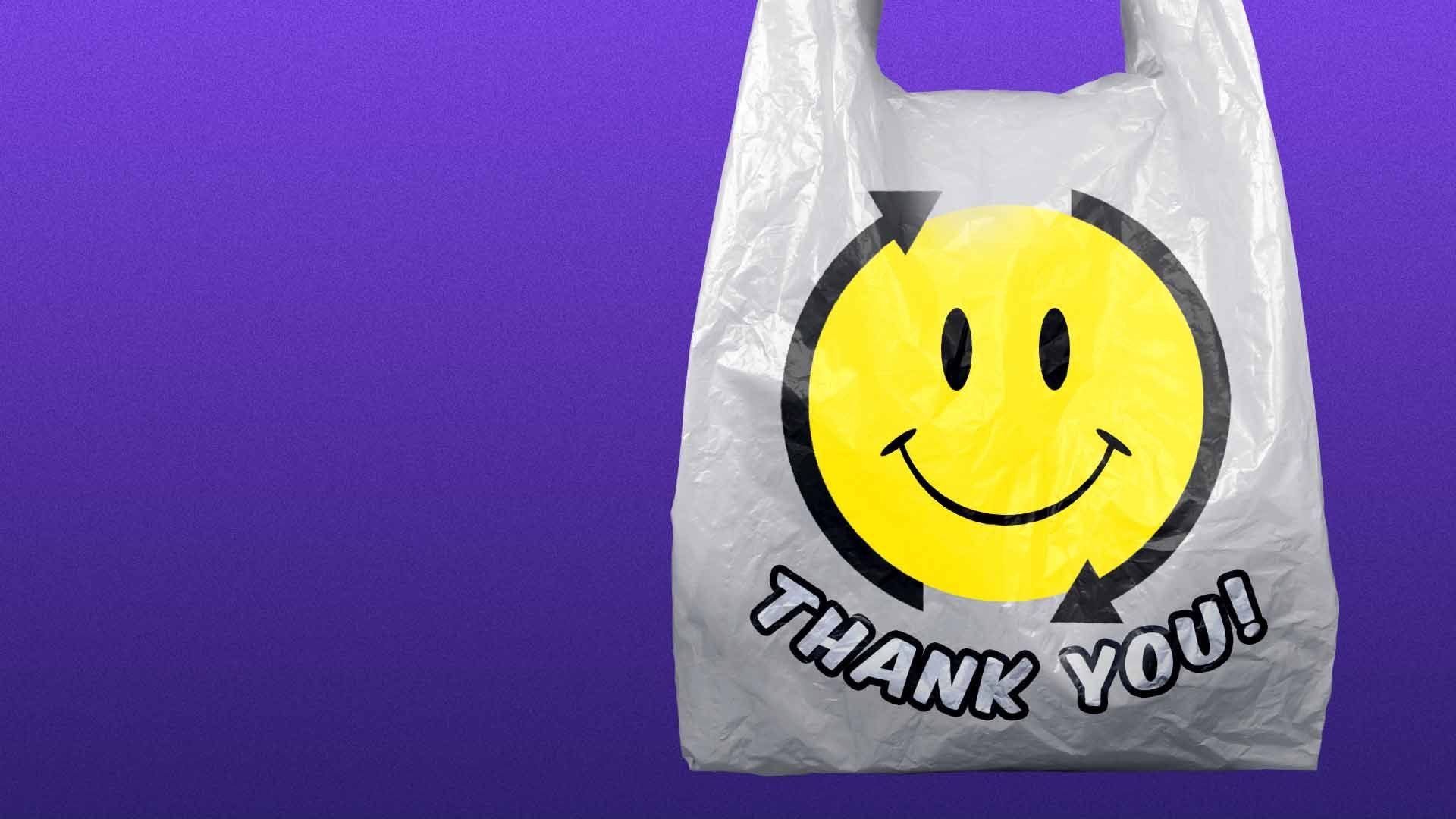 Illustration of a shopping bag with the words thank you and a smiley face outlined with arrows in a symbol for "change"