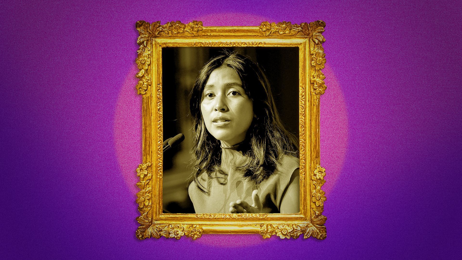 Photo illustration of Alejandra Llanos centered in a golden picture frame which is lit by a spotlight