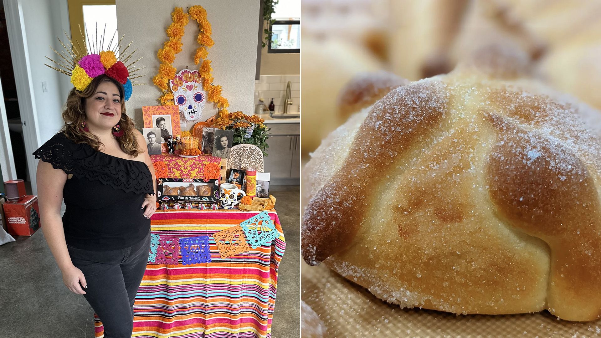 A side-by-side photo, showing a woman standing in front of a multi-tiered table on the left and a round pastry on the right.