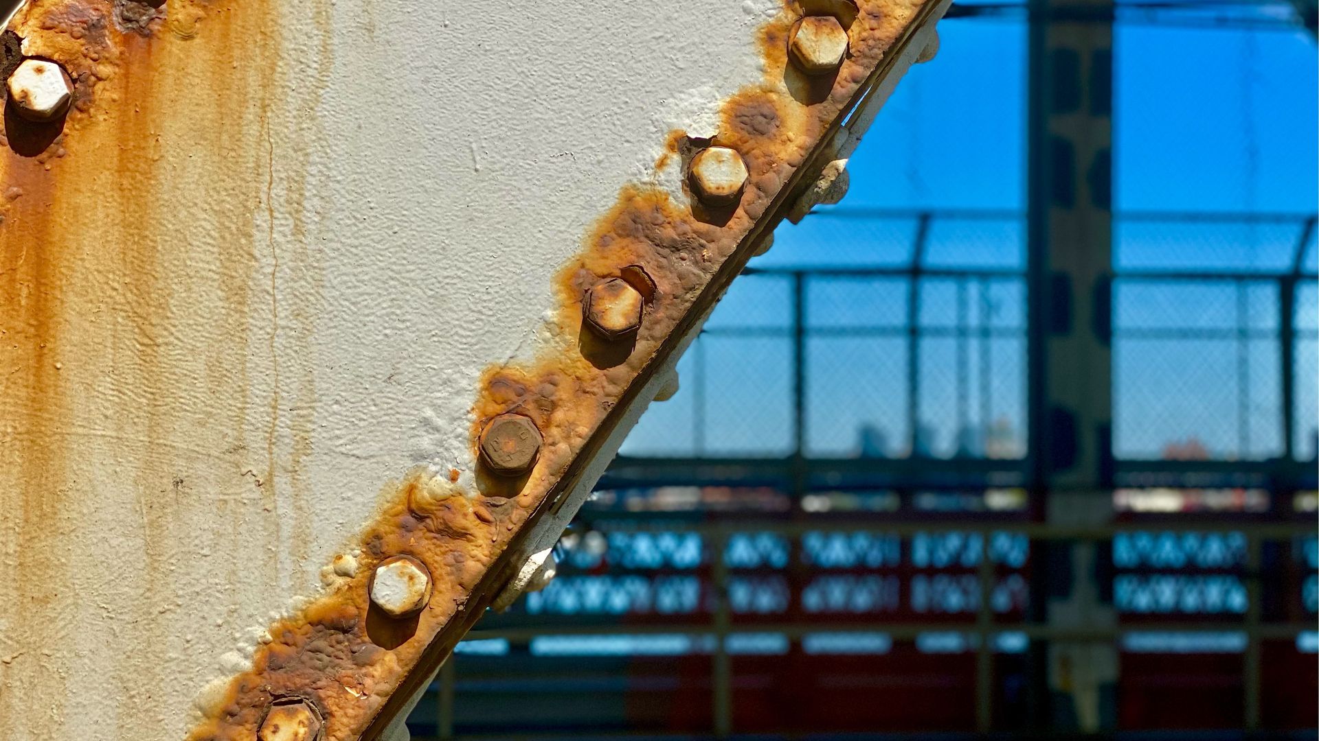 A rusting beam on the Manhattan Bridge, which connects Manhattan to Brooklyn in NYC