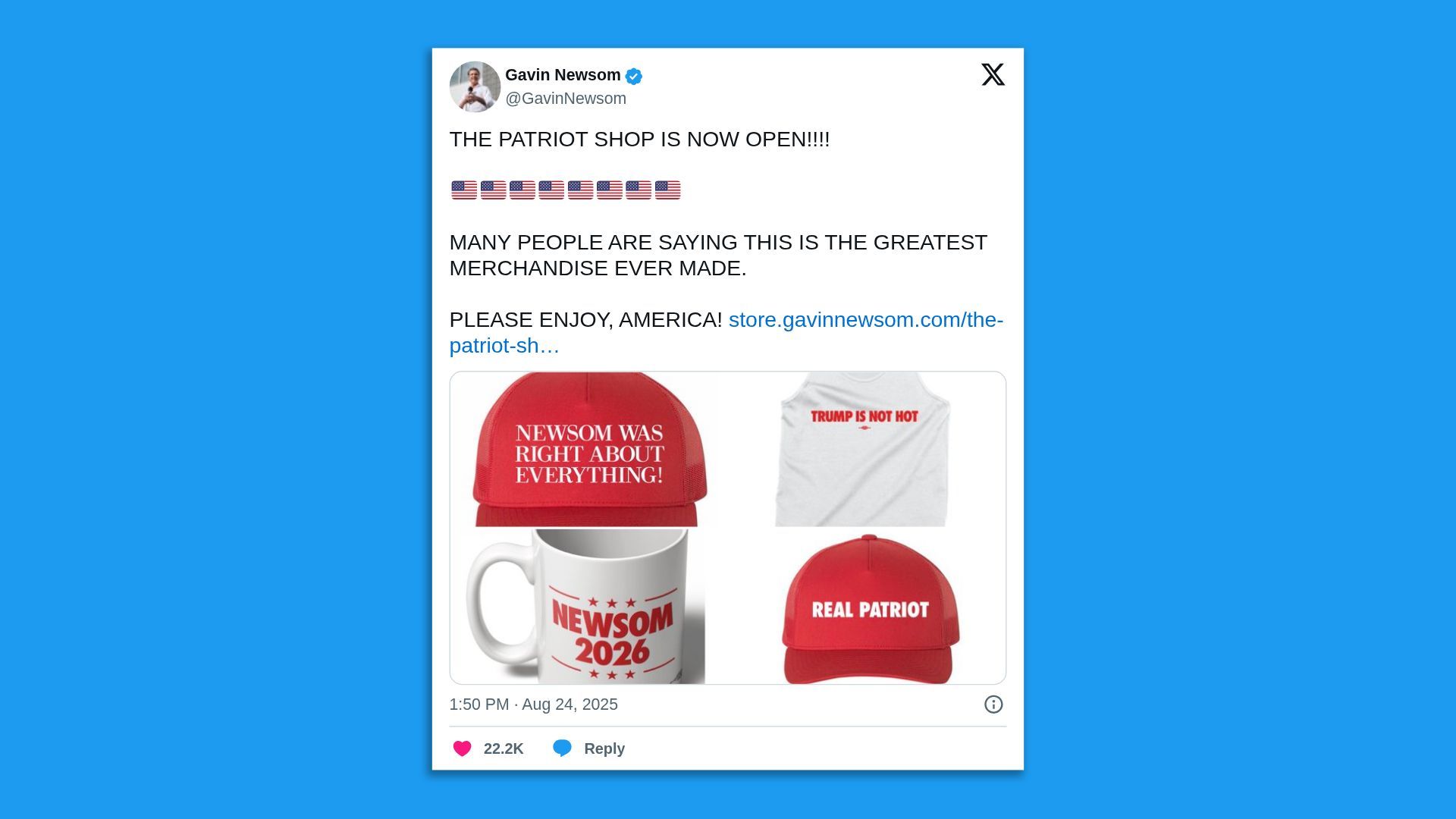Newsom announces Trump-trolling "PATRIOT SHOP"