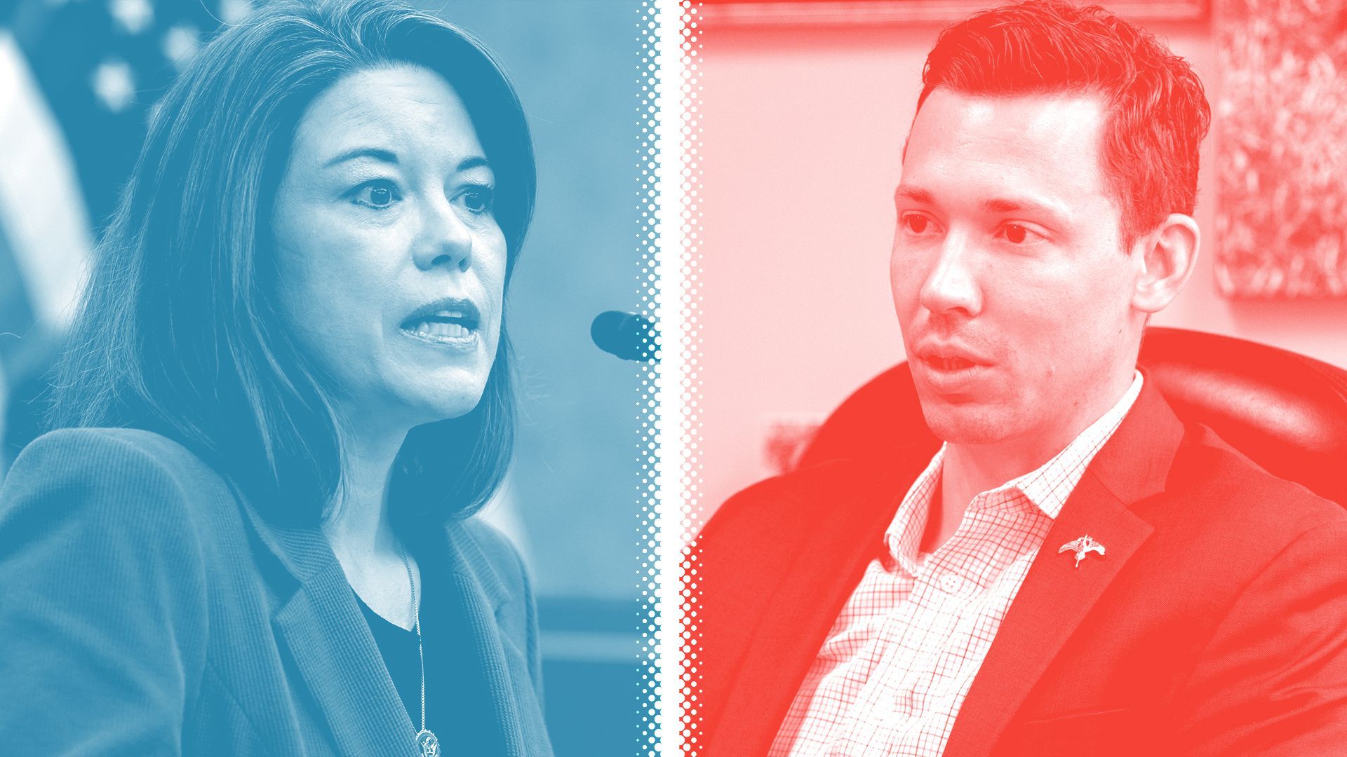 Photo illustration of Angie Craig, tinted blue, and Tyler Kistner, tinted red, separated by a white halftone divider.