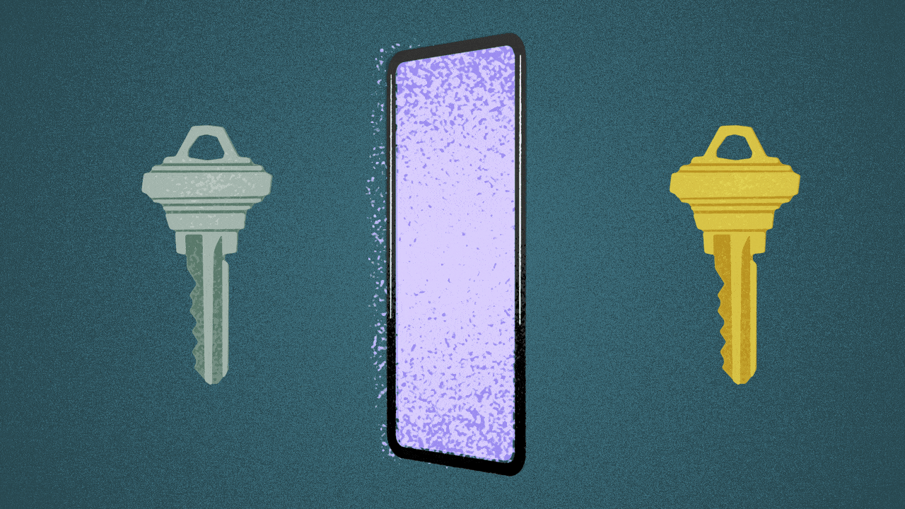 Illustration of two keys, passing through a phone and trading places. 