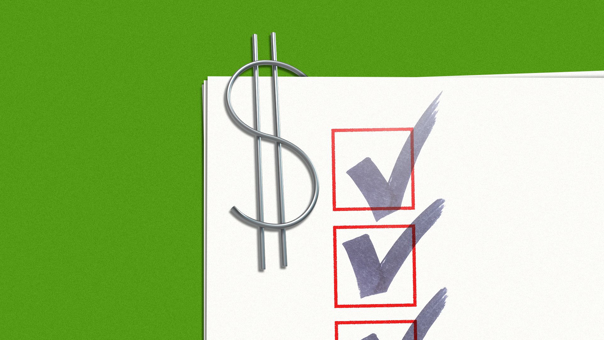 Illustration of papers with checked off boxes being held together by a dollar sign shaped paperclip 