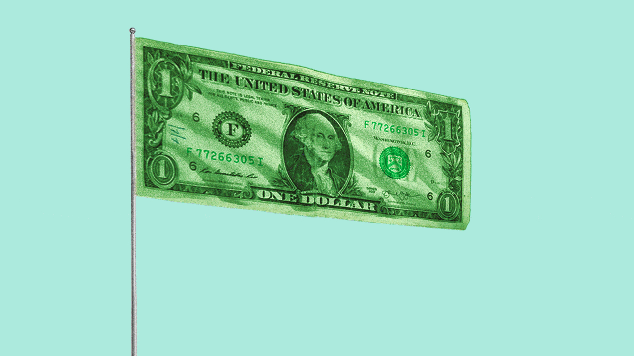 Animated illustration of flag moving up and down flagpole, alternating between pic of dollar bill and blank