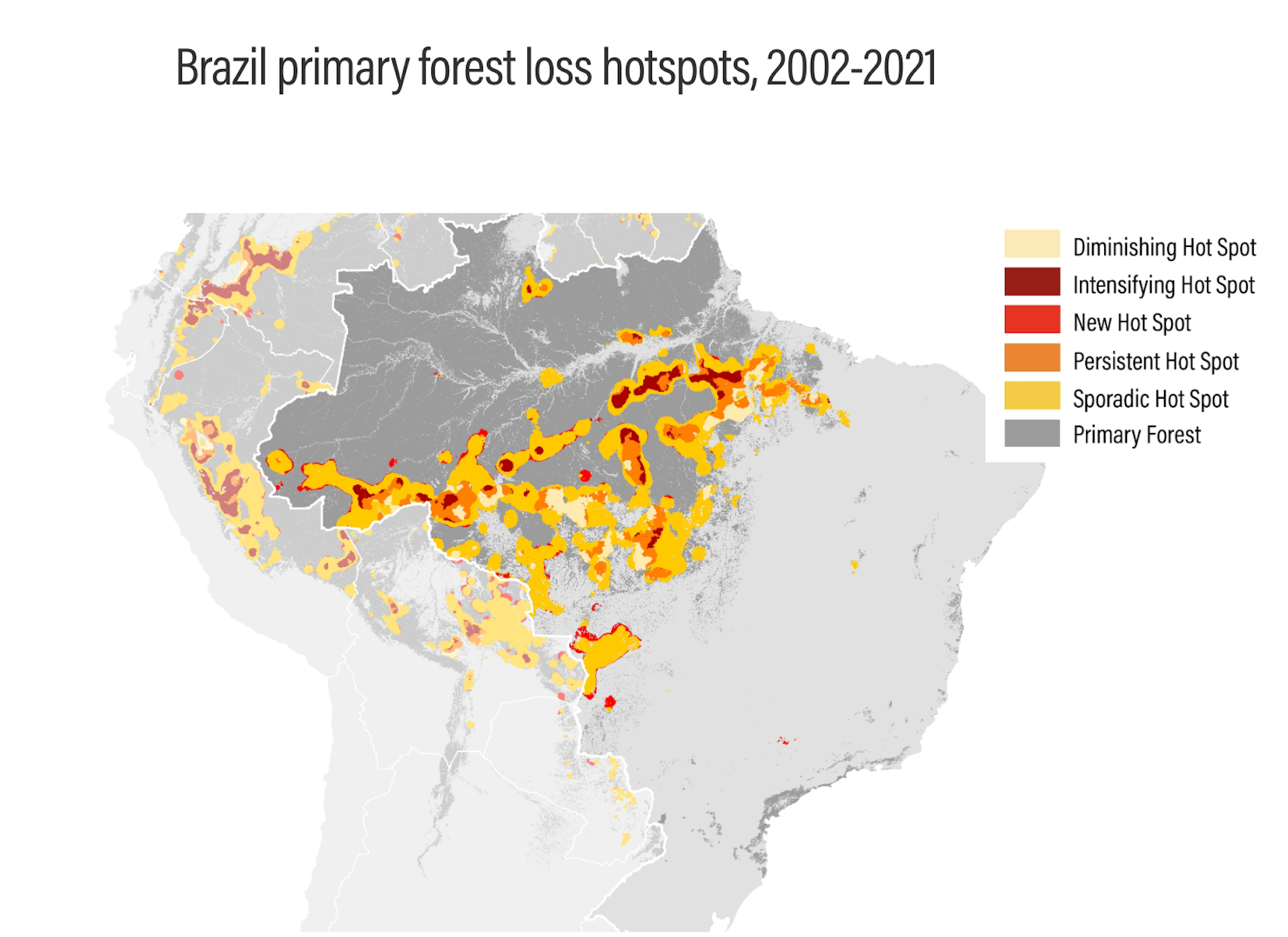 Forest loss hotspots in the Amazon rainforest in Brazil.