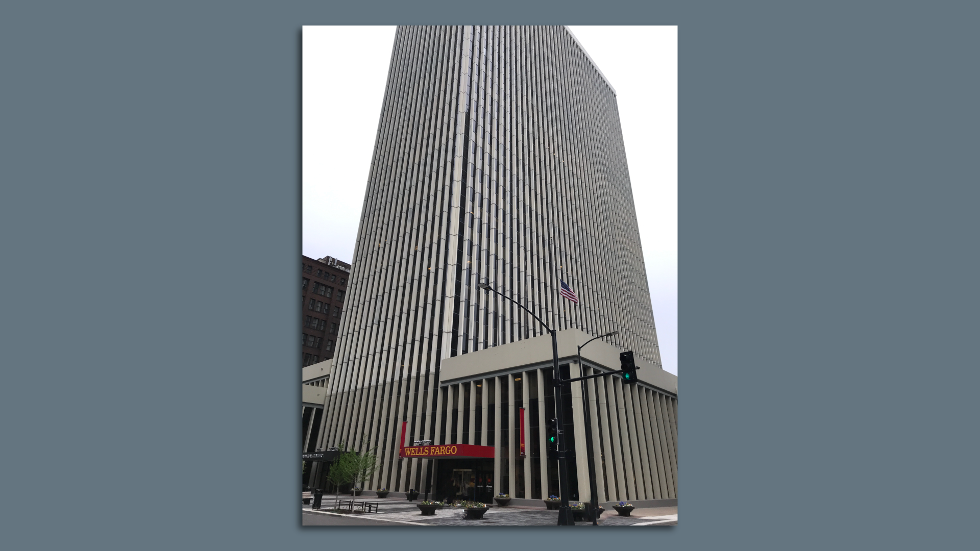 A  photo of the Finanical Center in Des Moines.